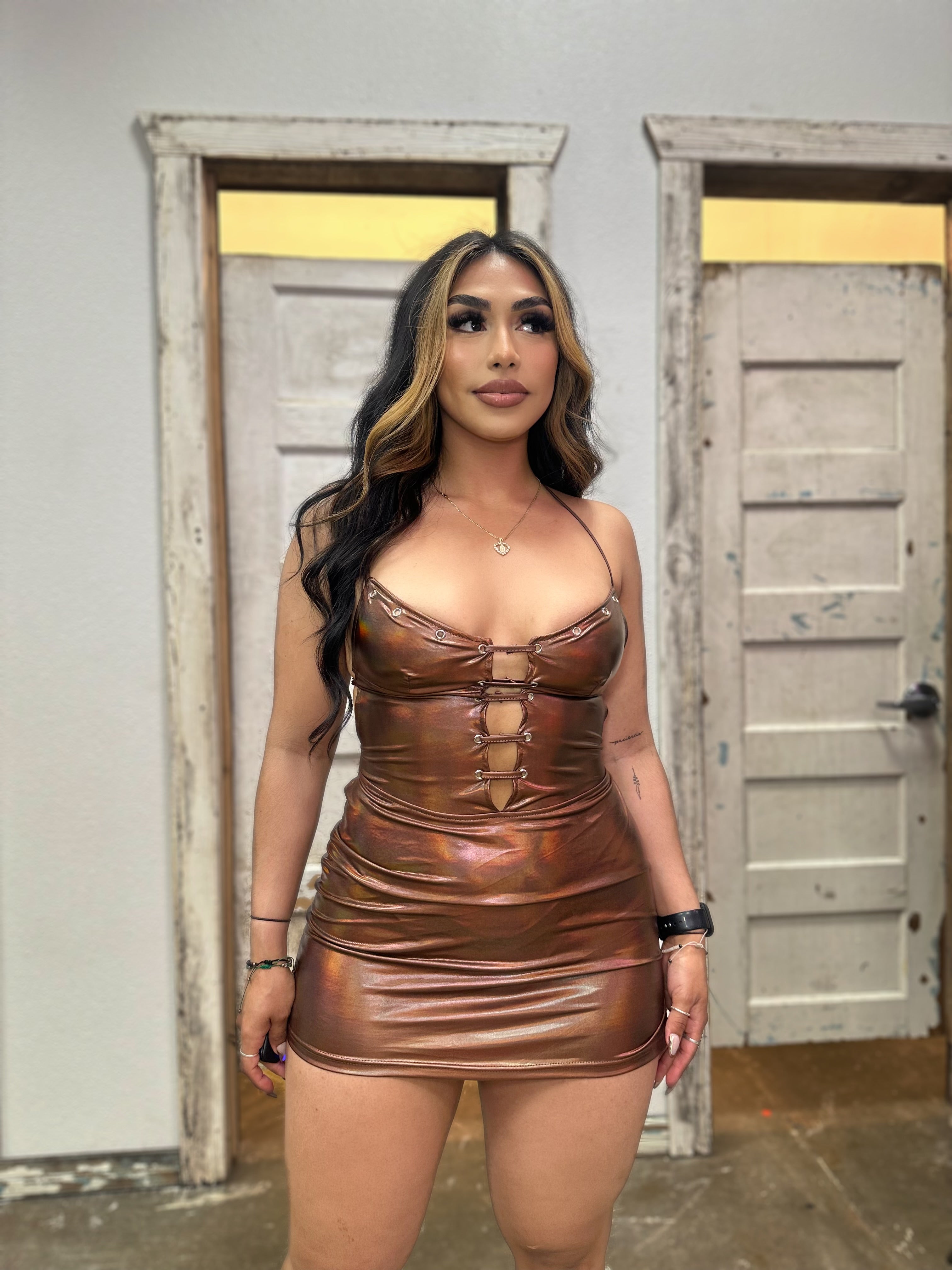brown metallic mini dress Brown Metallic Lace up Dress – Jobes Hats, LLC