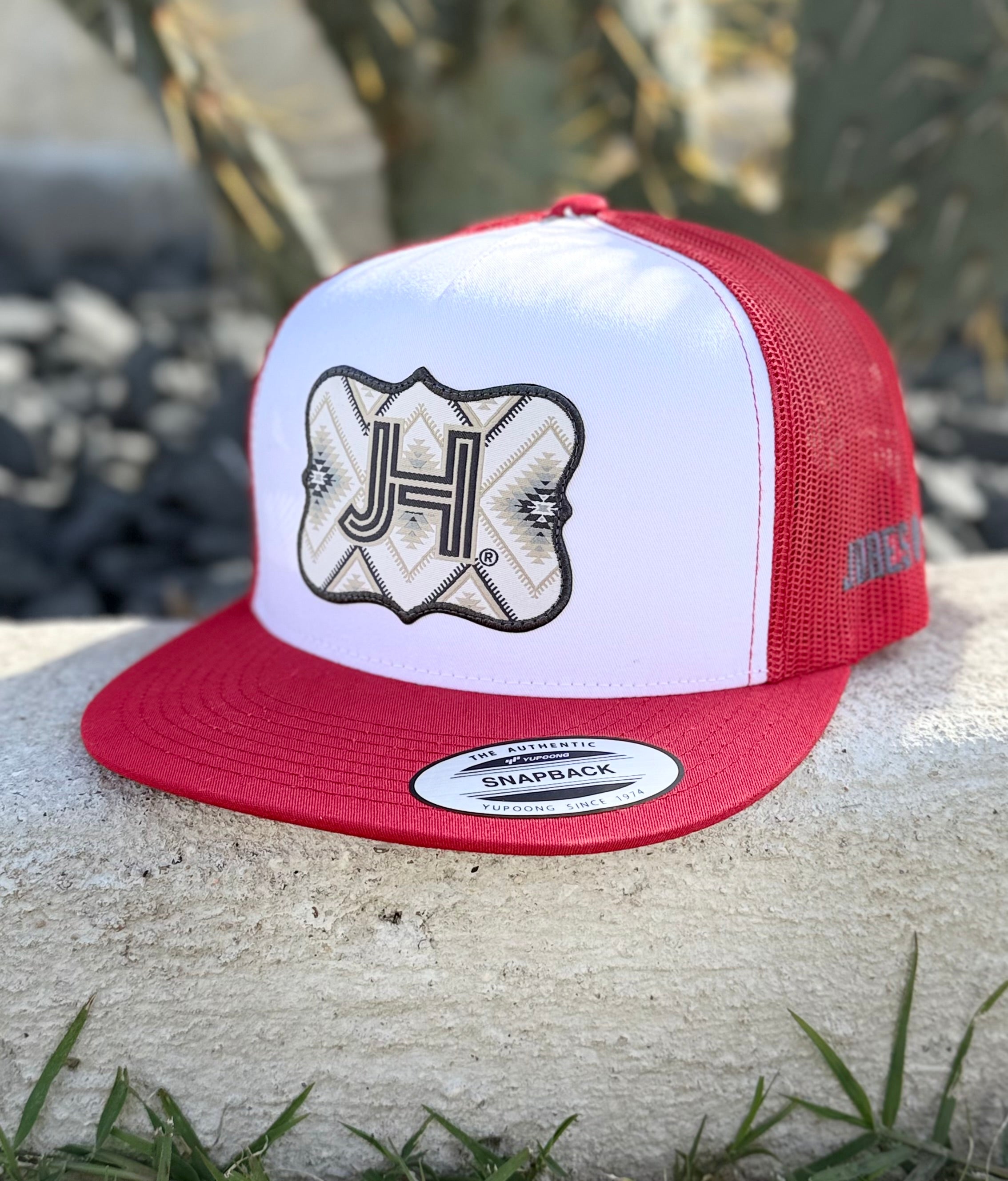 New 2024 Jobes Hats- White/Red Grey Aztec patch - Jobes Hats, LLC
