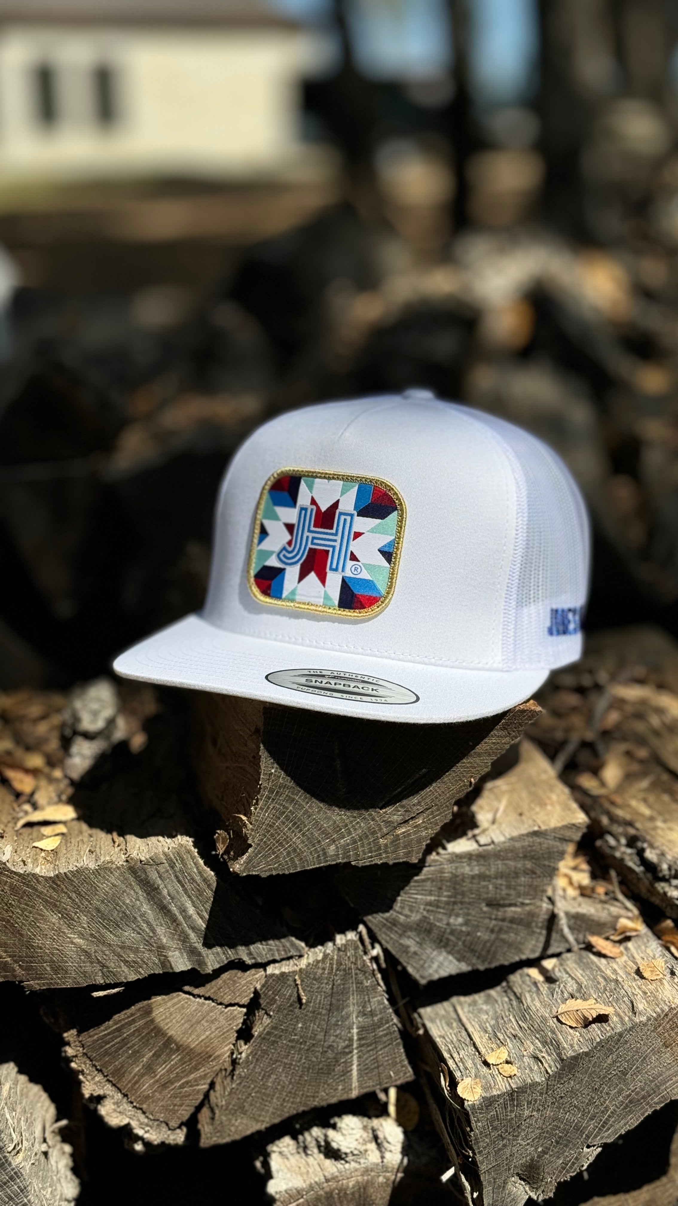 New 2024 Jobes Hats- All White Multi color JH Blue patch - Jobes Hats, LLC