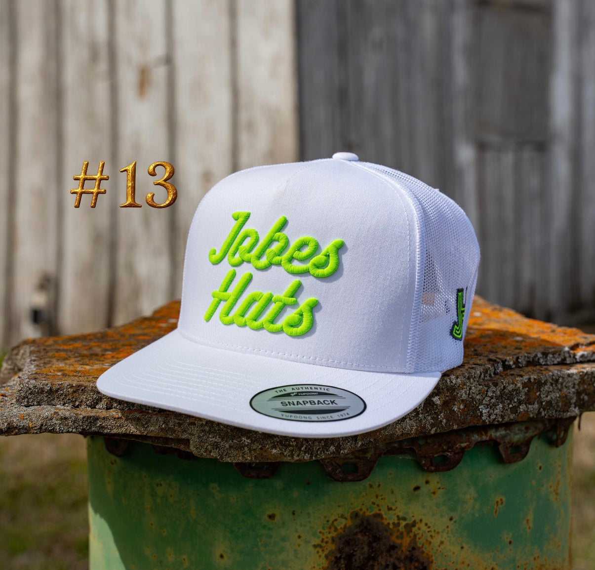 New 2026 JH Cap- “Jobes Matte” All White/Neon Yellow  #13 - Jobes Hats, LLC