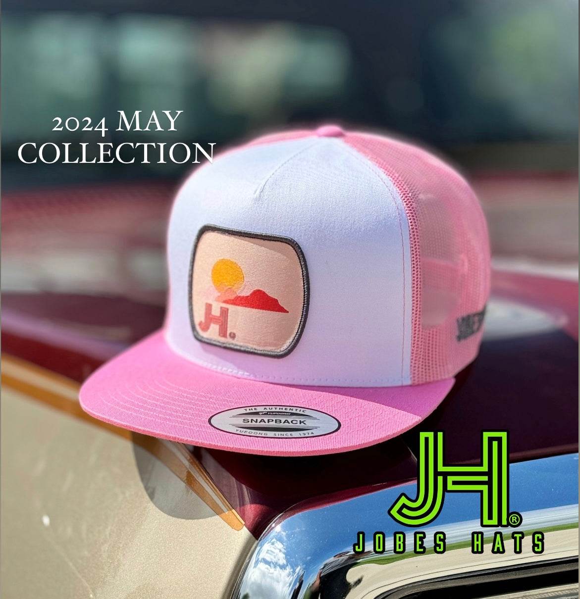 NEW 2024 JH Cap- White/Pink Rosa patch (May Collection) - Jobes Hats, LLC