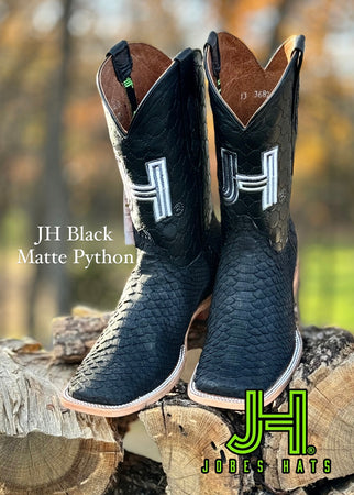 New 2024 Mens JH Black Python “Matte” Square Toe Boots - Jobes Hats