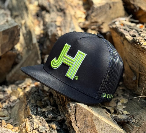 Jobes Hats All black Trucker- 3D neon green/ Charcoal outline - Jobes Hats, LLC