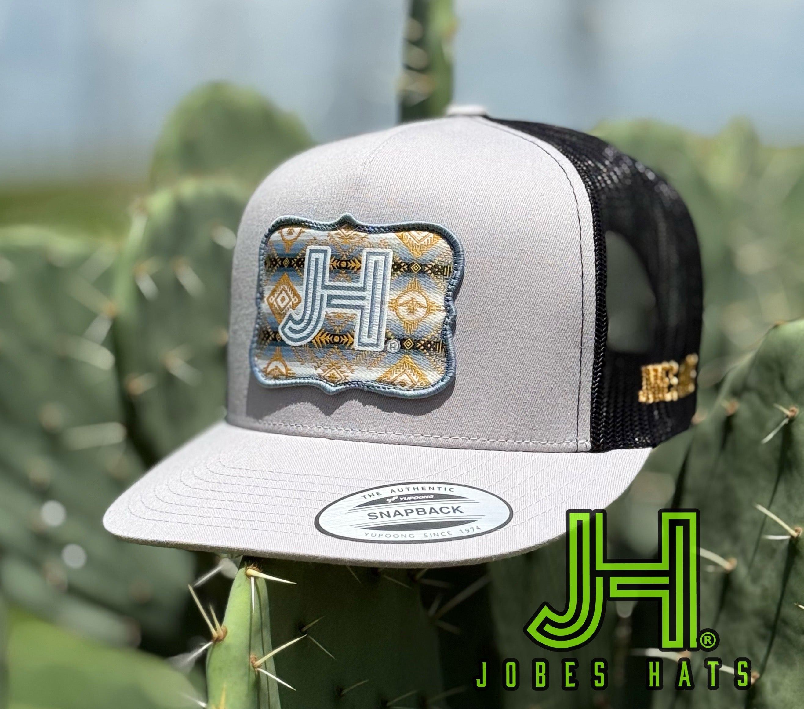 New 2025 JH Cap- Silver/Black Denim Aztec patch - Jobes Hats, LLC