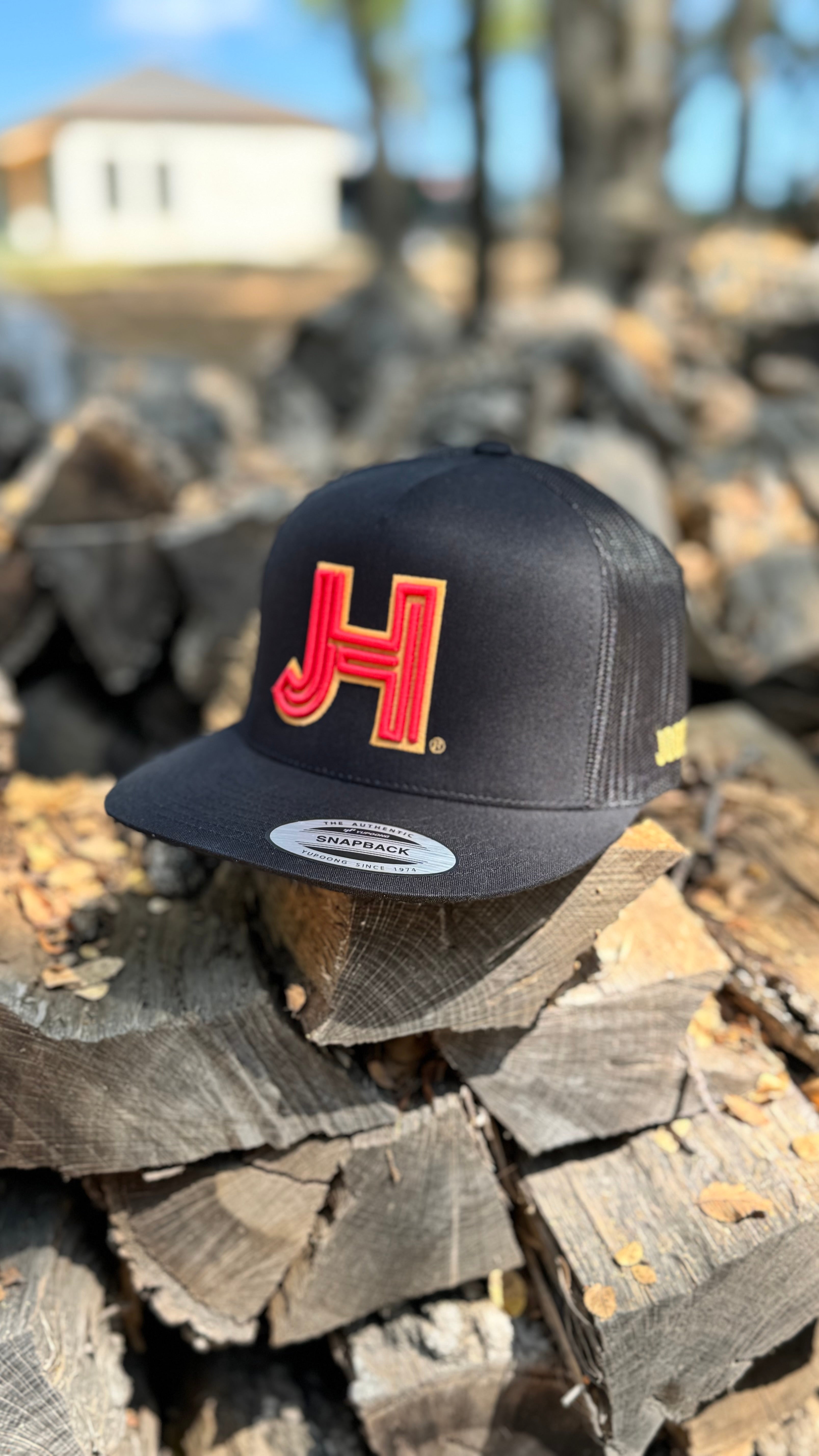 New 2024 Jobes Hats All black Trucker- Red Matte with Gold Matte outline - Jobes Hats, LLC