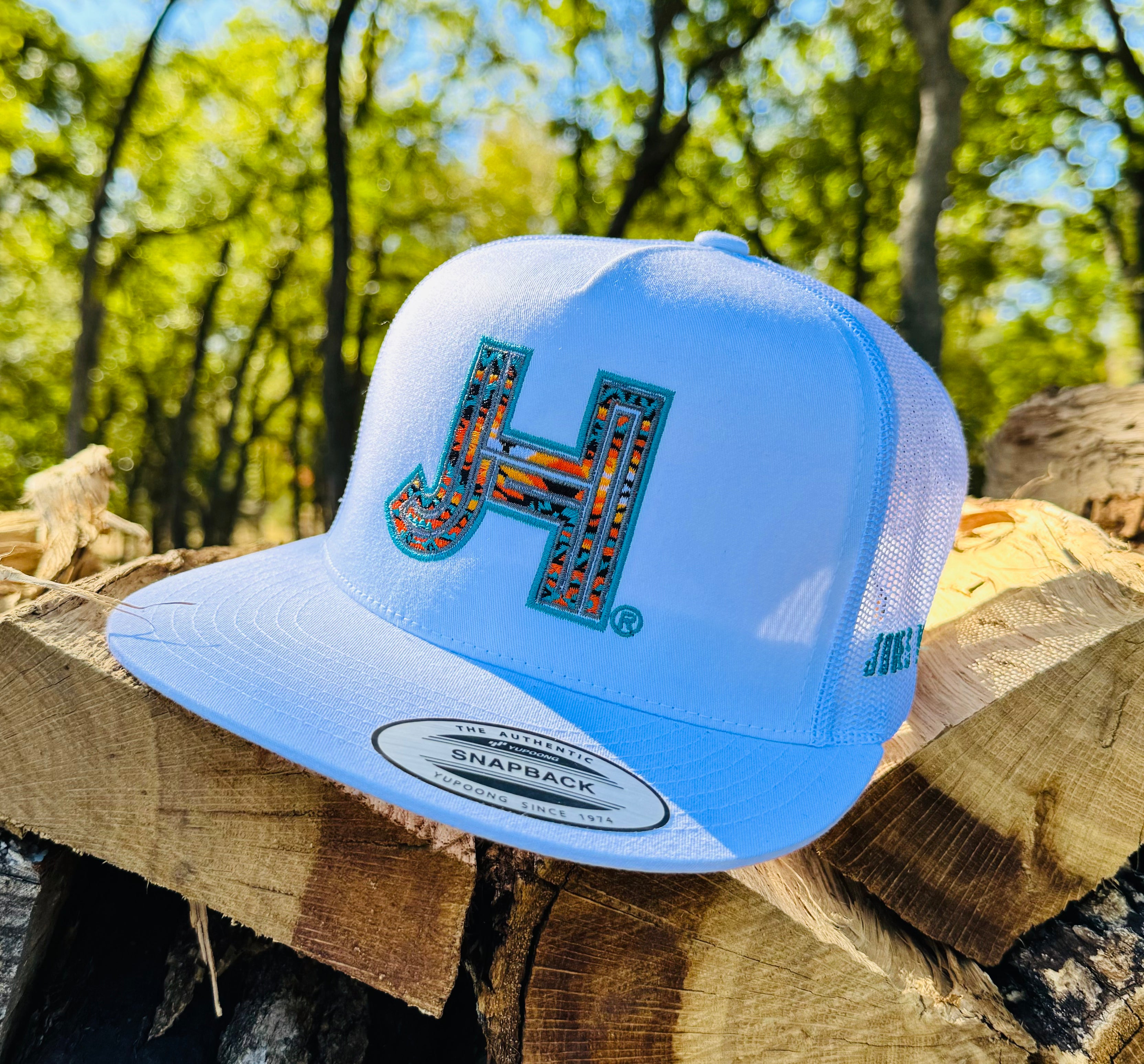 NEW Jobes Hats Trucker - All White Aztec Orange Turquoise Outline - Jobes Hats