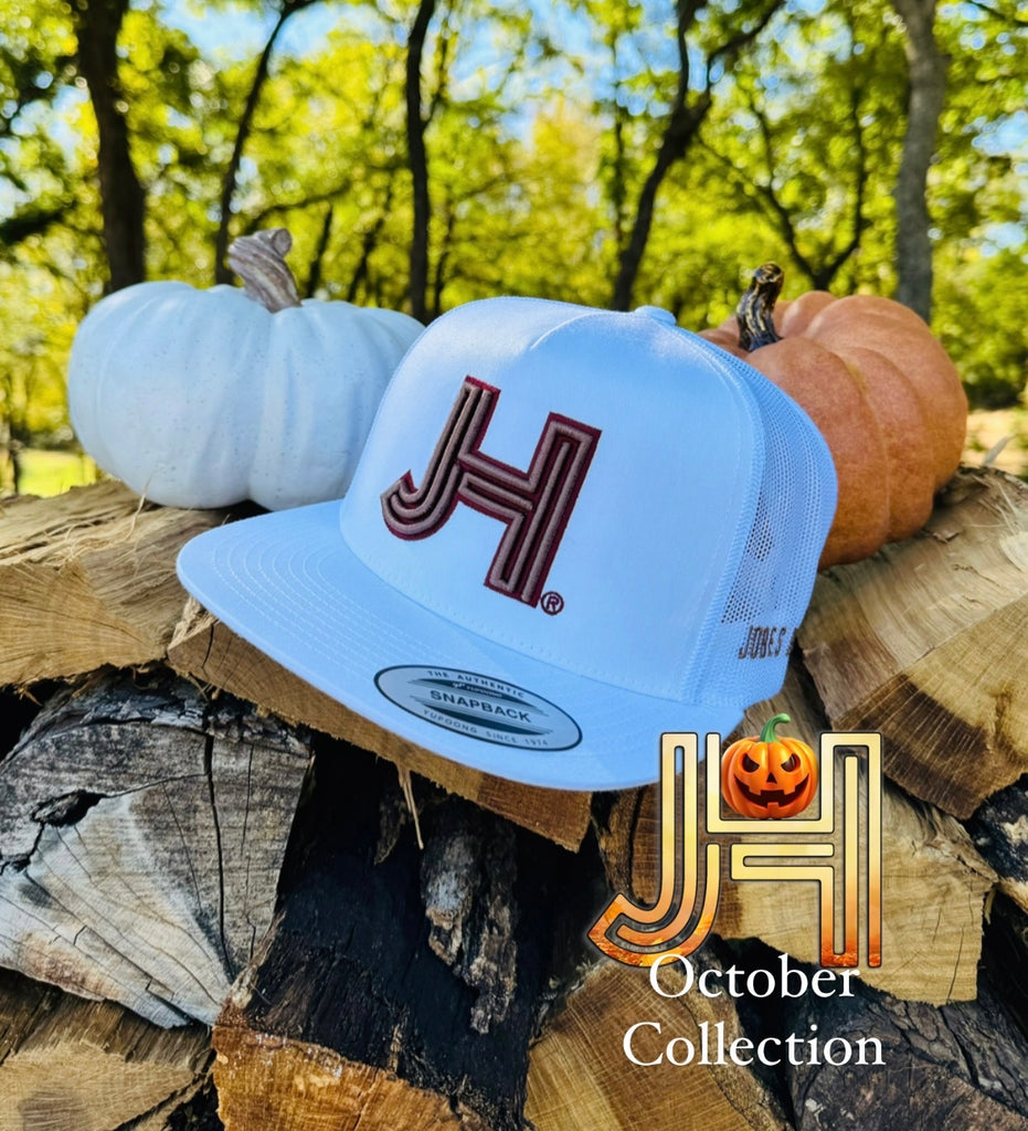2023 October Collection Jobes Cap-  All White 3D Brown/Maroon outline - Jobes Hats
