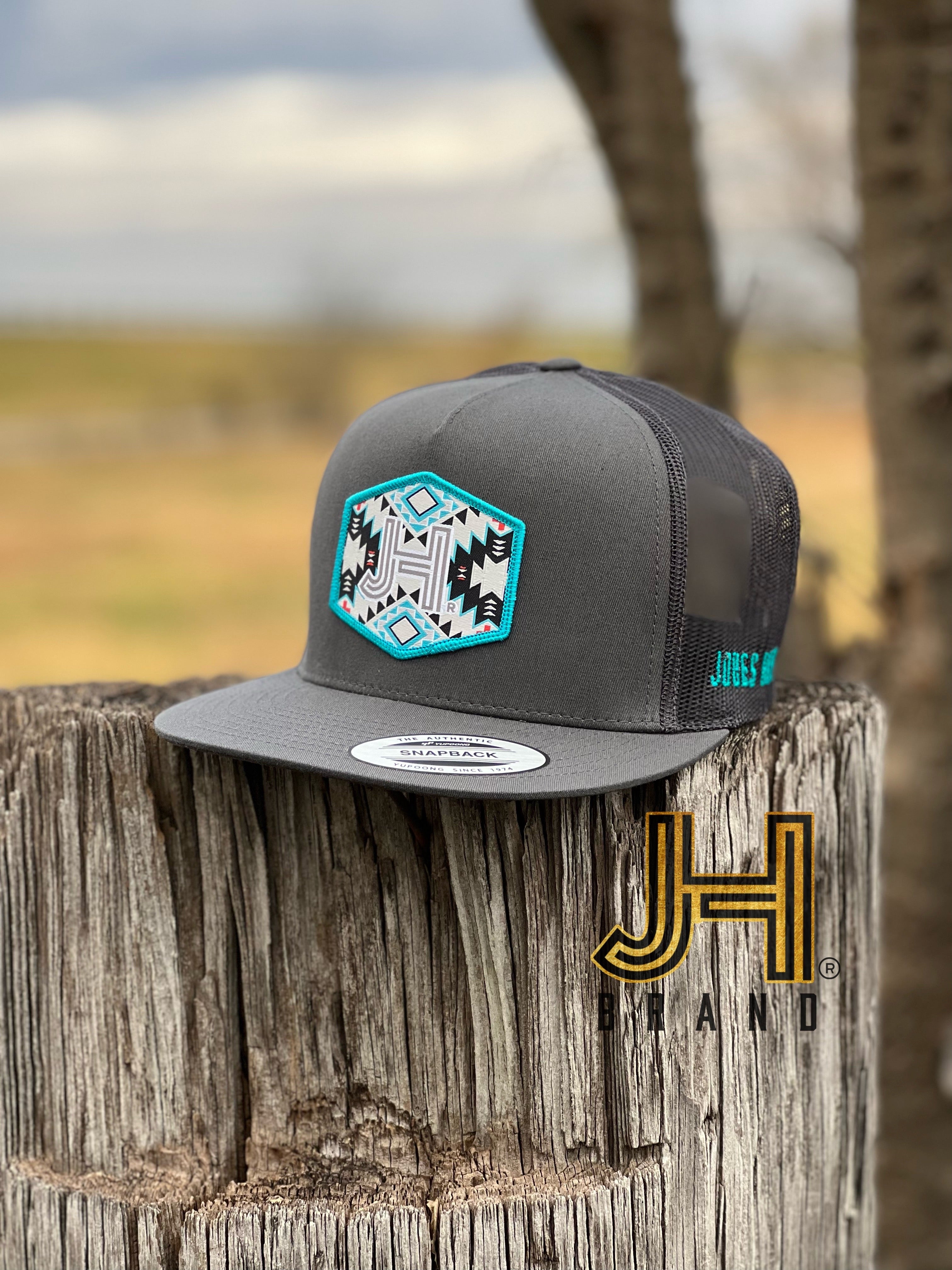 2022 Jobes Trucker Cap-  All Charcoal JH Turquoise Aztec Patch - Jobes Hats, LLC