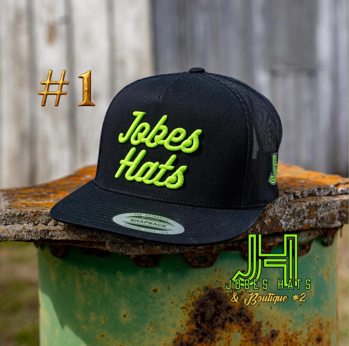 New 2026 JH Cap- “Jobes Matte” All black Neon Yellow #1 - Jobes Hats, LLC