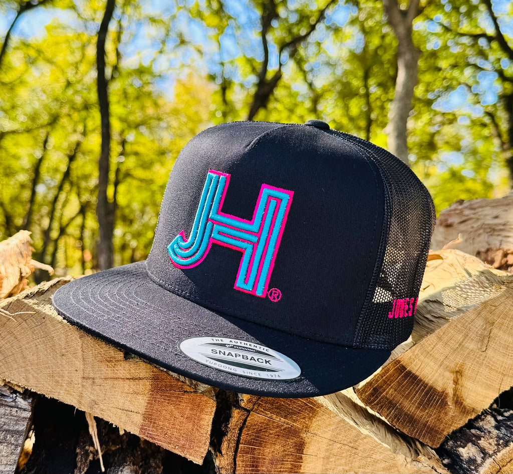 NEW Jobes Hats Trucker - All Black 3D Baby Blue / Hot Pink Outline - Jobes Hats