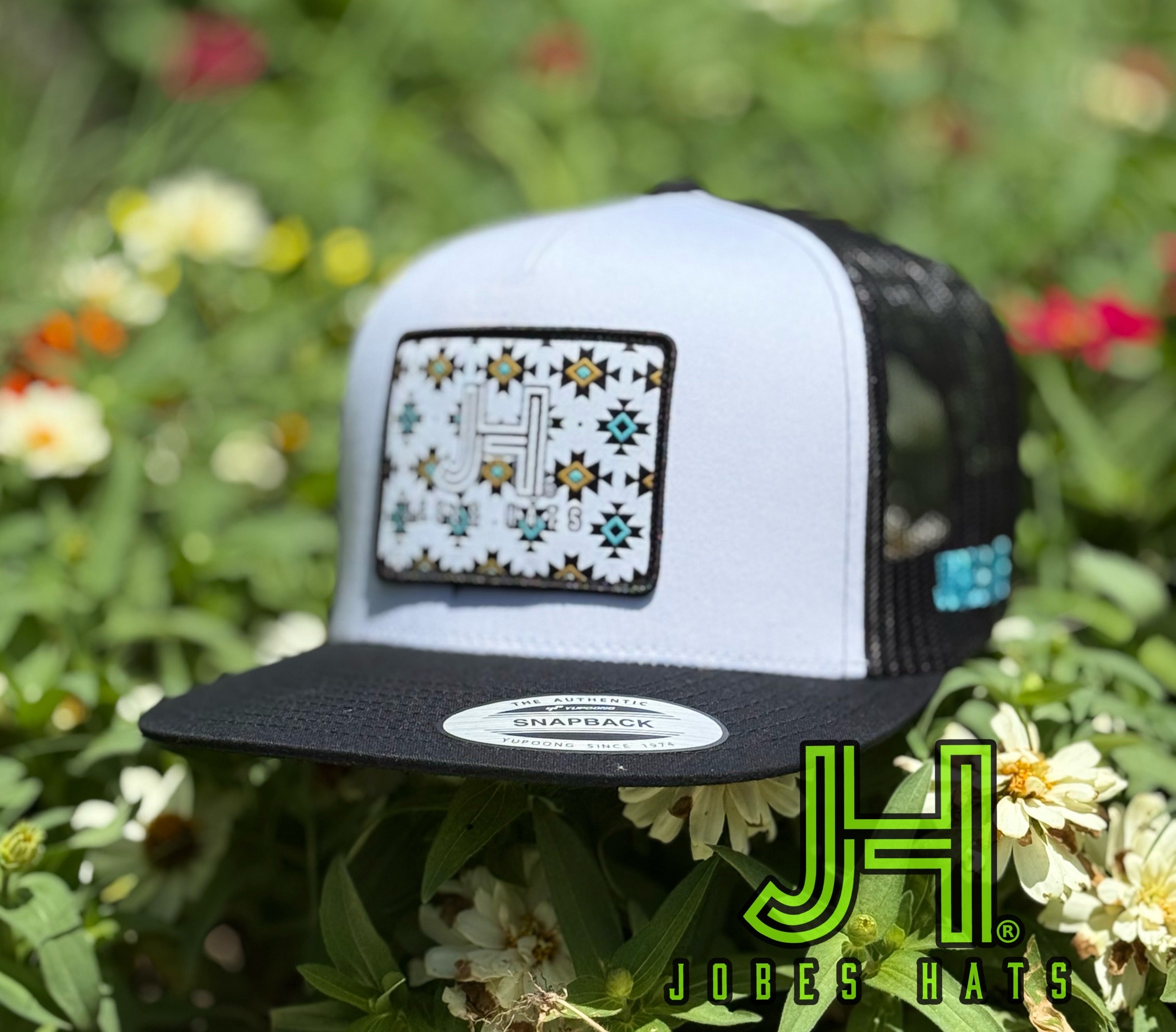 New 2025 JH Cap- White/Black Tulum Aztec path - Jobes Hats, LLC