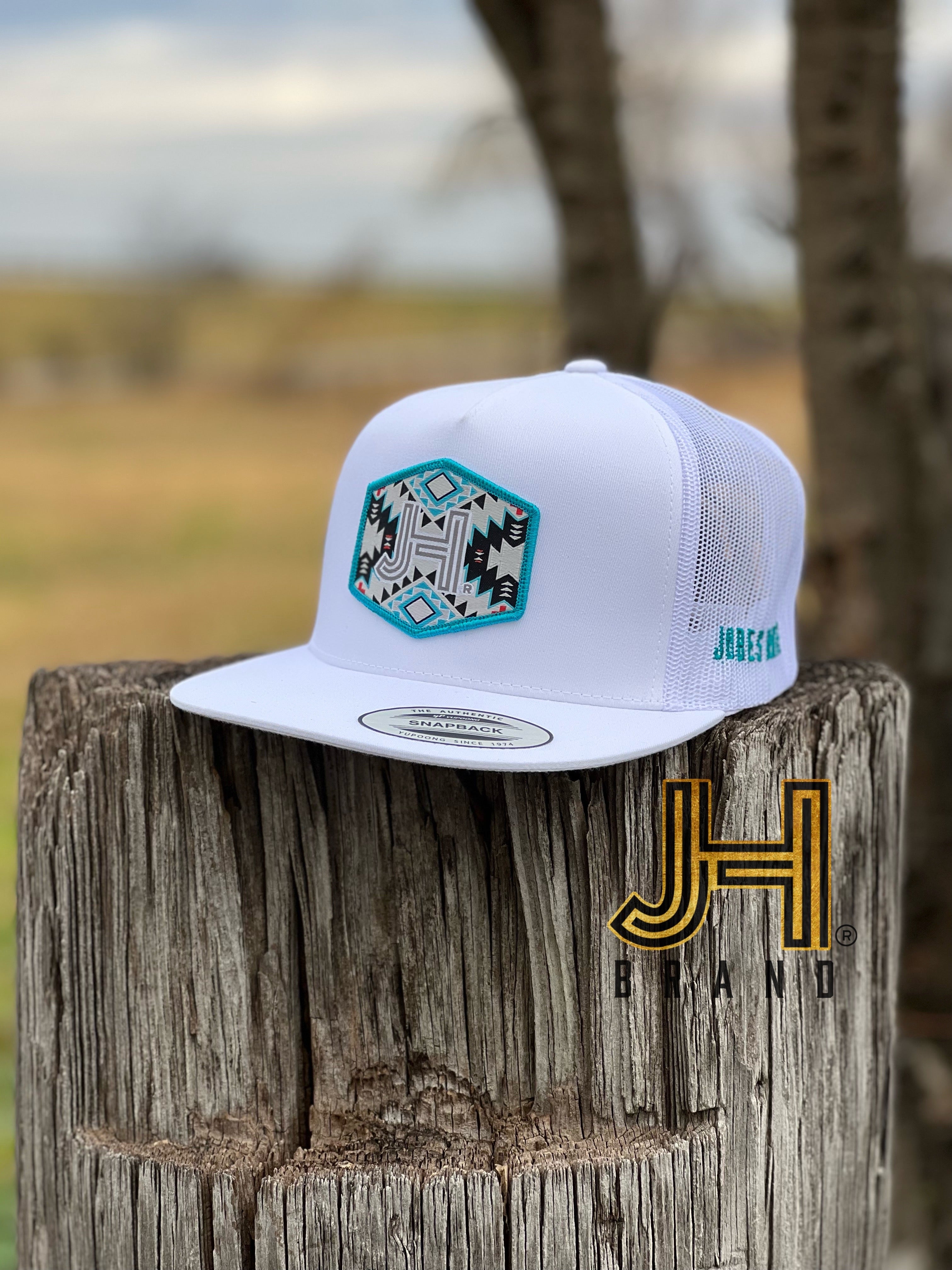 New 2022 Jobes Trucker Cap-  All White JH Turquoise Aztec Patch - Jobes Hats, LLC