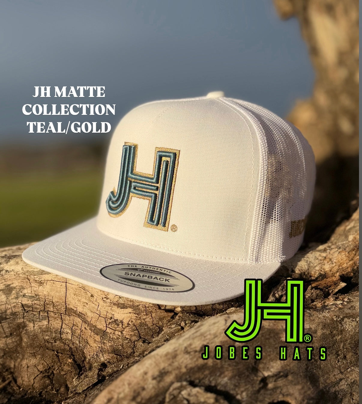 New 2025 JH Matte Collection All White Teal/Gold - Jobes Hats, LLC