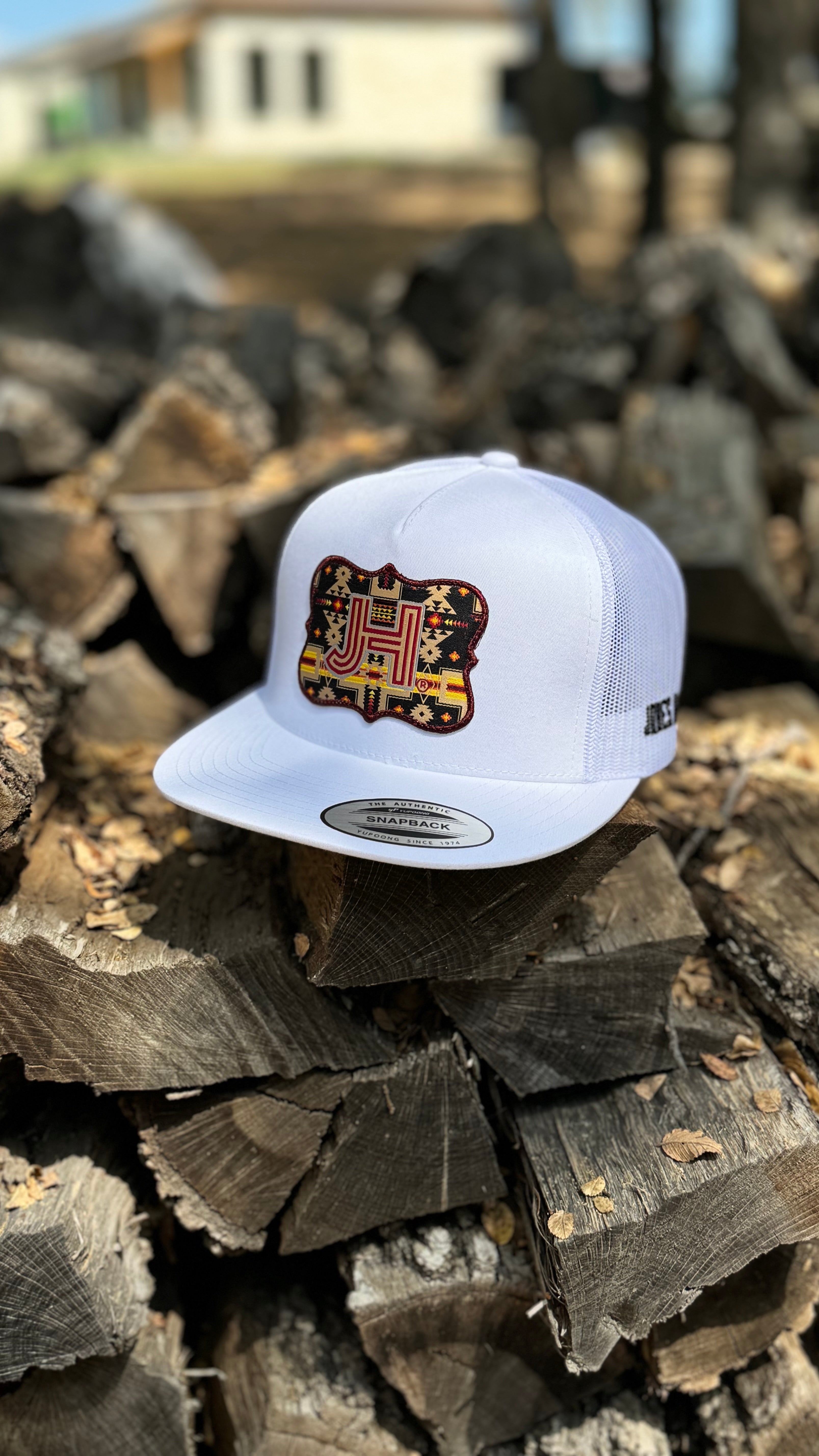 2024 Jobes Hats Trucker- All White Maroon Aztec Patch - Jobes Hats, LLC