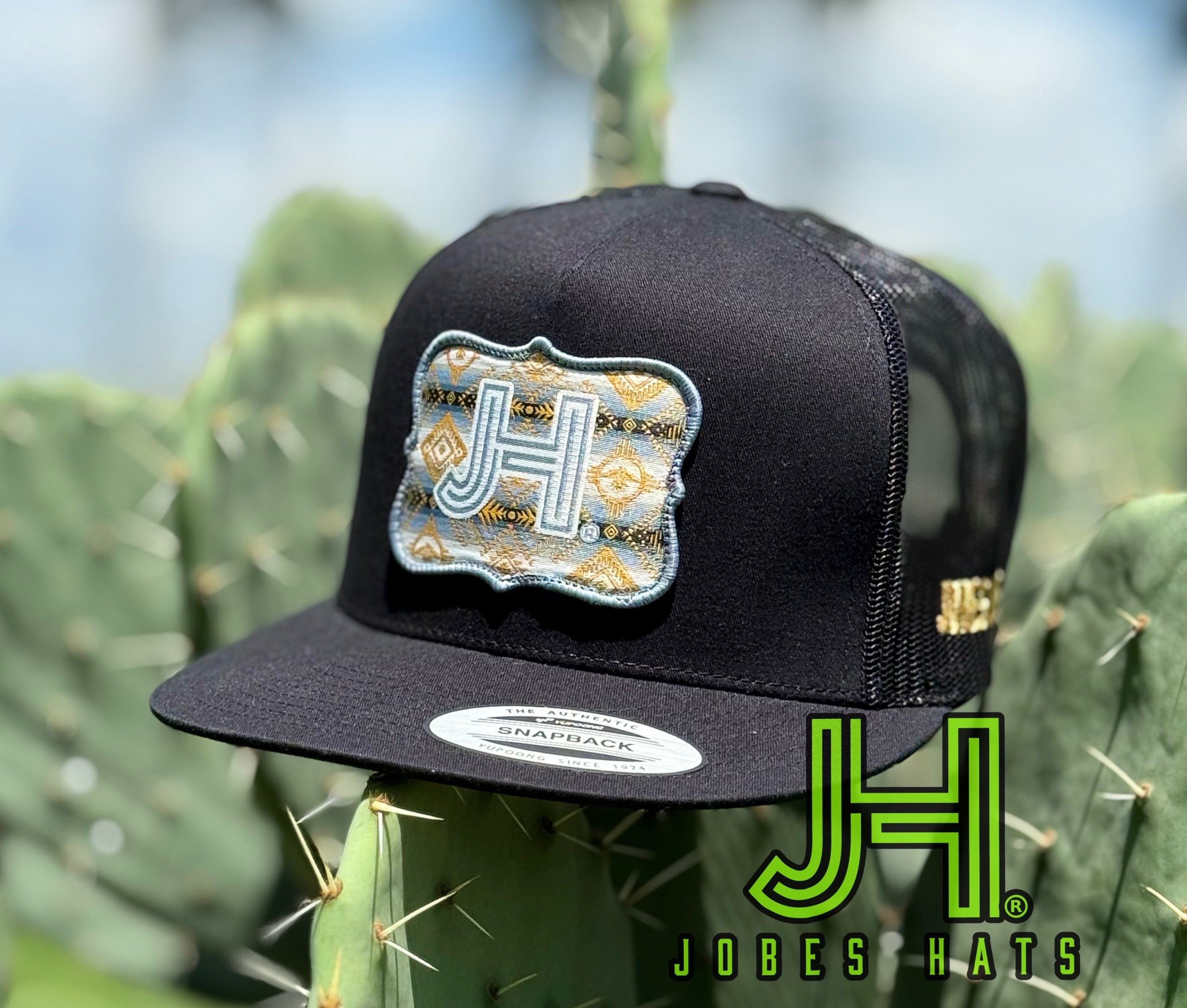 New 2025 JH Cap- All black Denim Aztec patch - Jobes Hats, LLC