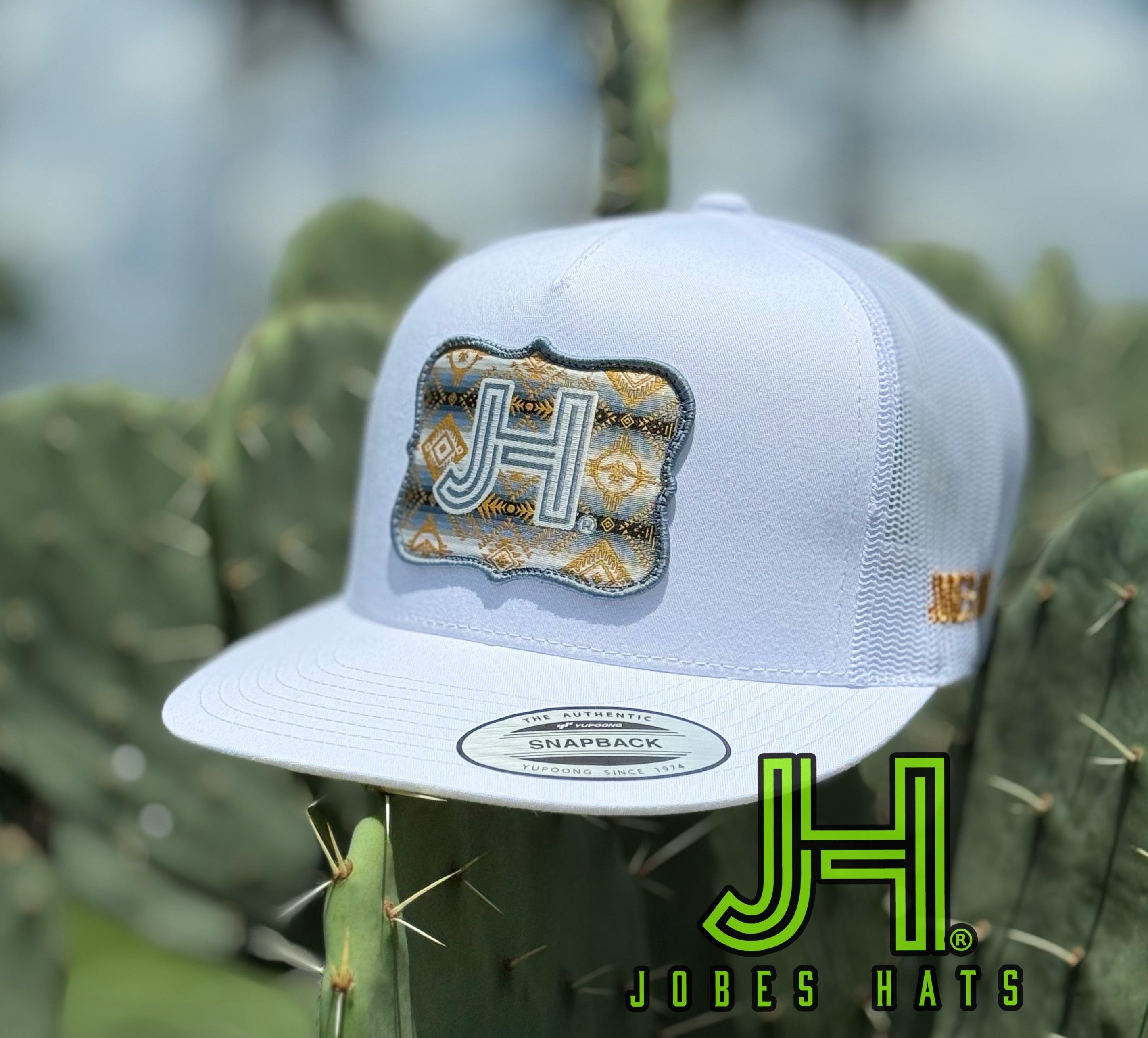 New 2025 JH Cap- All White Denim Aztec patch - Jobes Hats, LLC