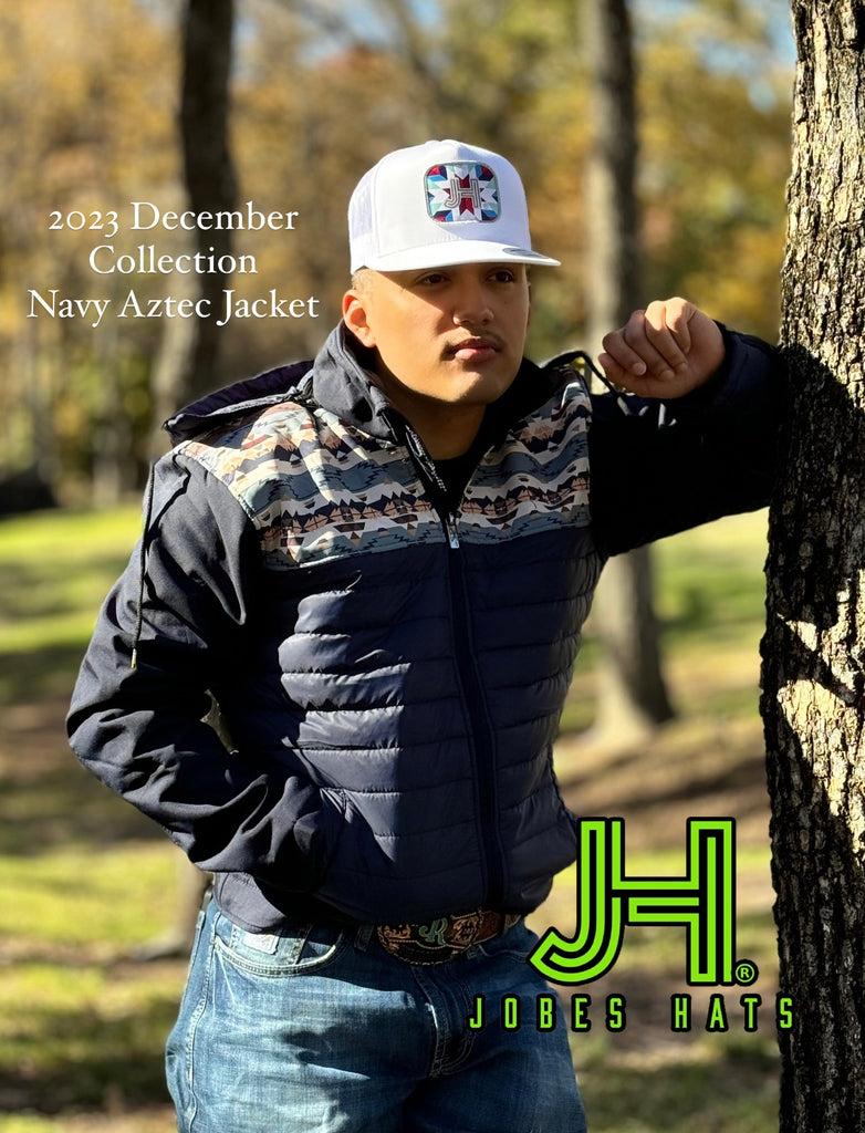 2023 December Collection JH Navy Aztec Puffer Jacket - Jobes Hats