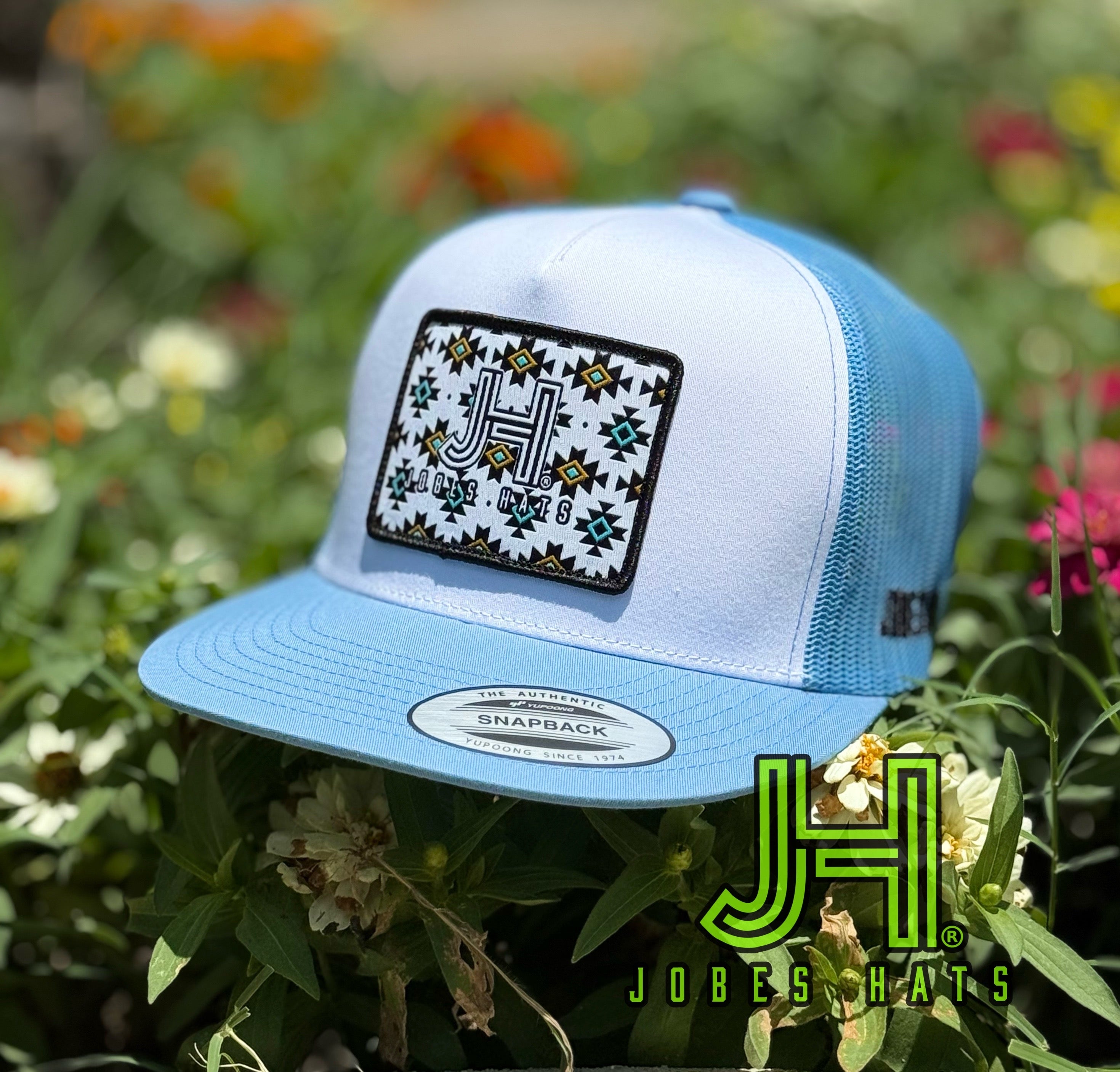 New 2025 JH Cap- White/Baby Blue Tulum Aztec path - Jobes Hats, LLC