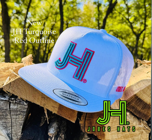 NEW 2024 JH Cap- All White JH Turquoise/ Red outline - Jobes Hats, LLC