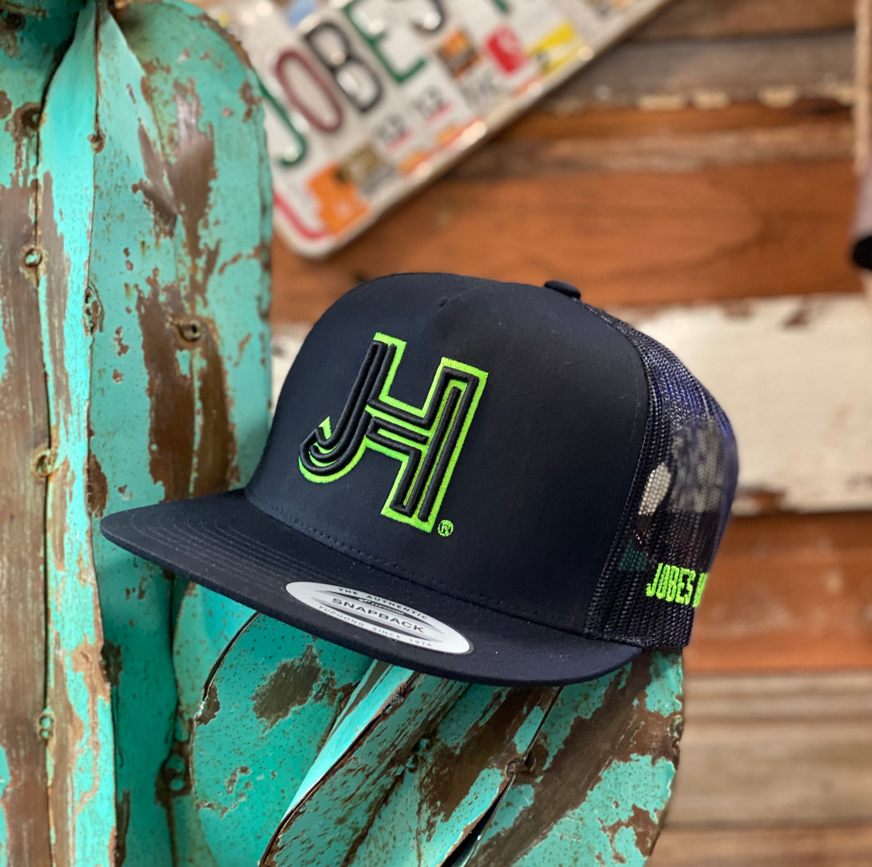 NEW Jobes Hats Trucker - All Black 3D Black Neon Green Outline - Jobes Hats