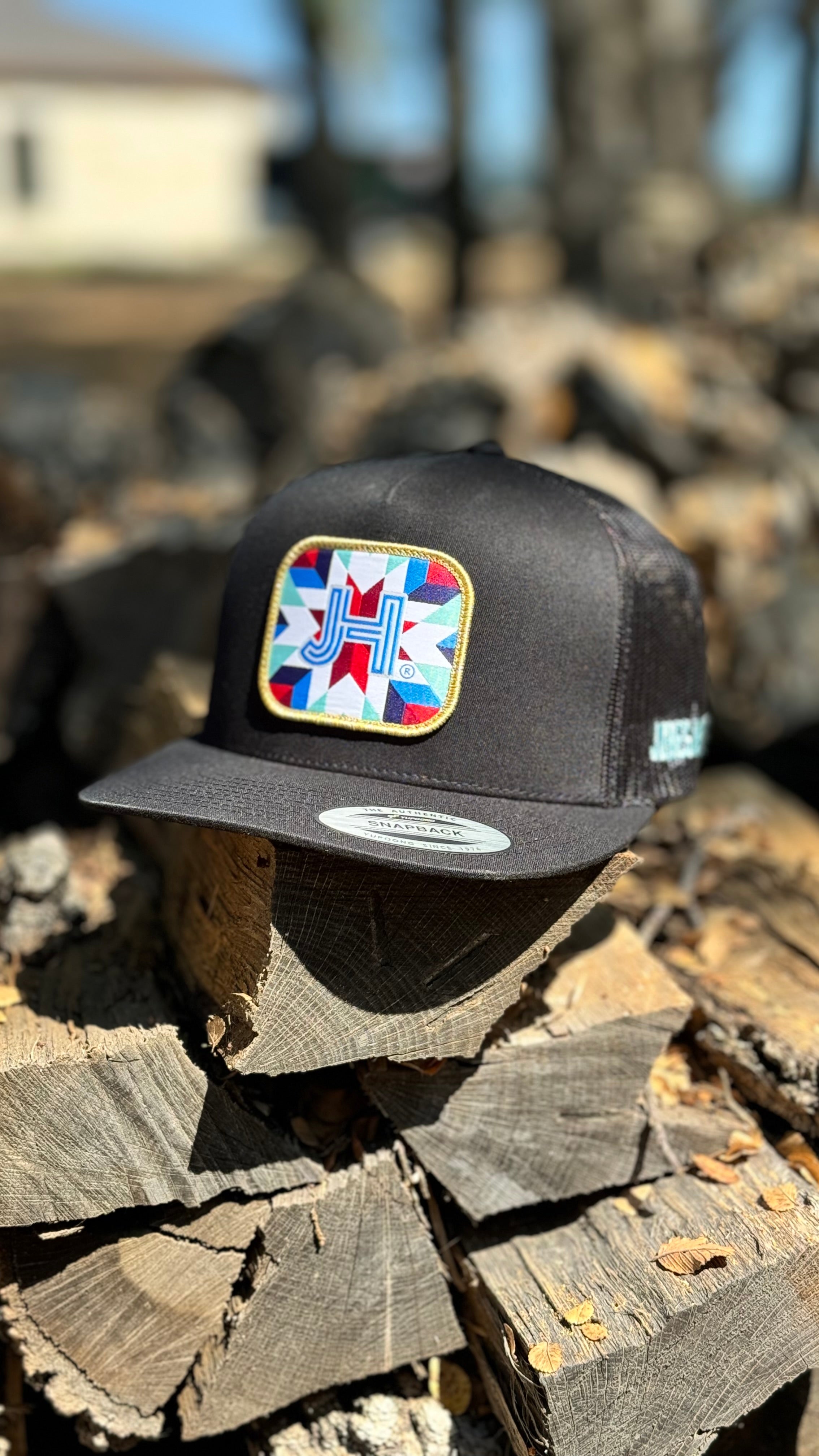 New 2024 Jobes Hats- All Black Multi color JH Blue patch - Jobes Hats, LLC