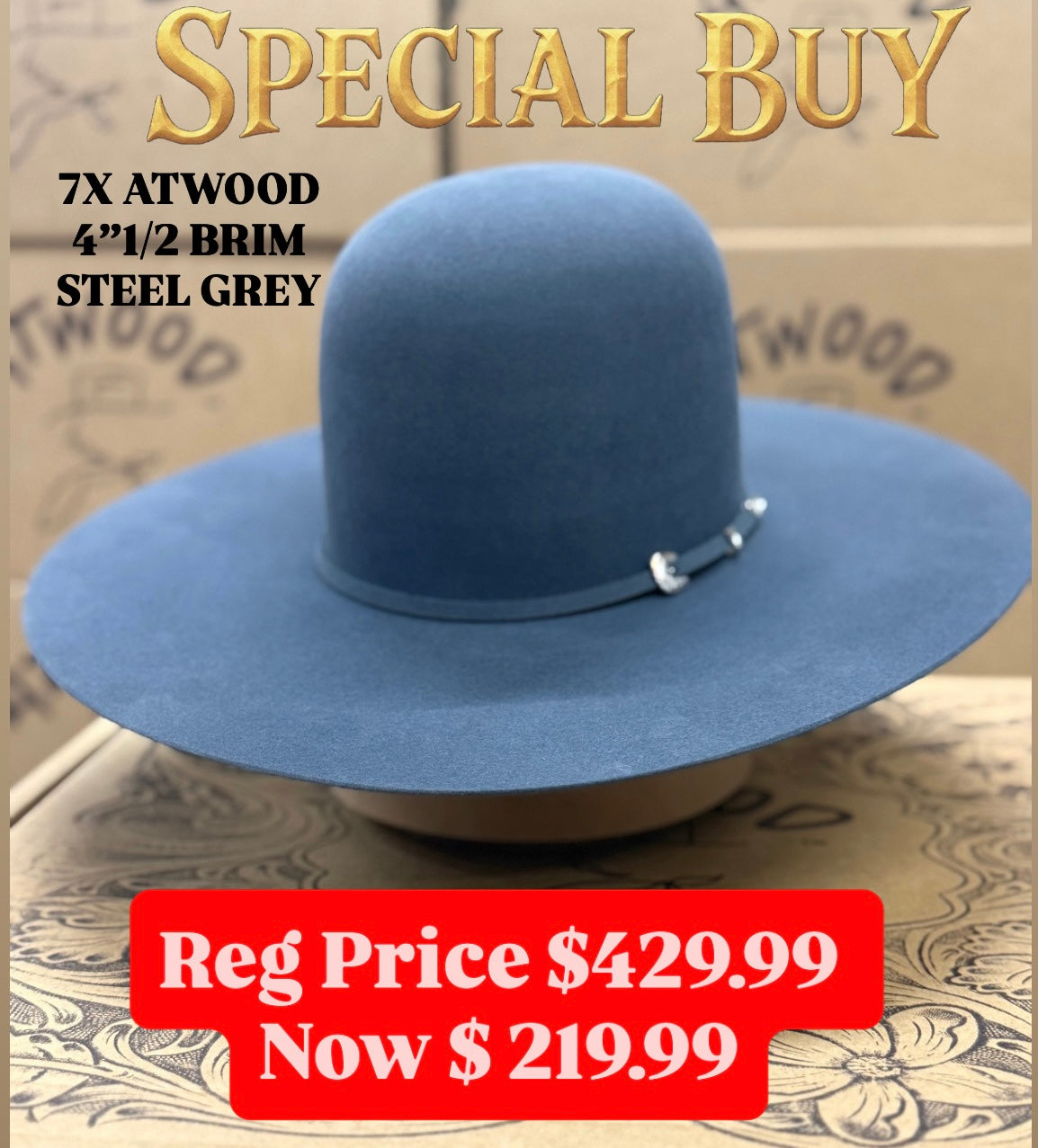 Special Buy 7X Atwood Hat Co. Steel Grey 4”1/2 Brim - Jobes Hats, LLC