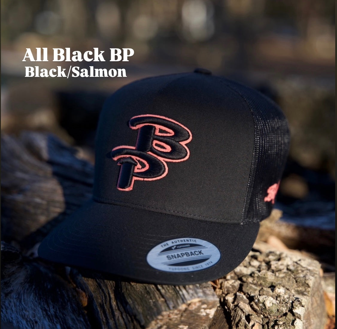 New BP cap- All Black BP/Salmon