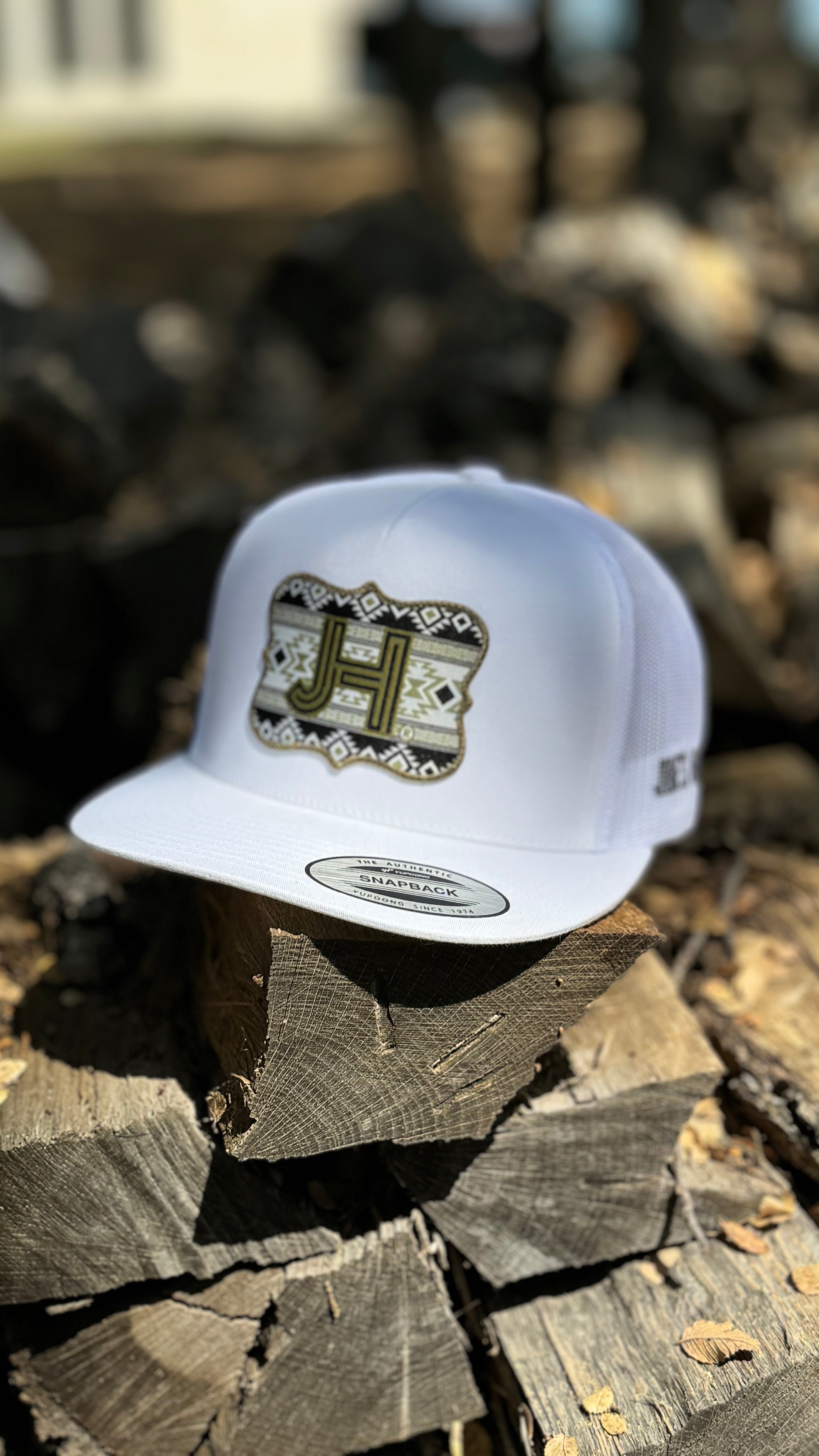 New 2024 Jobes Hats- All White Dark Green Aztec patch - Jobes Hats, LLC