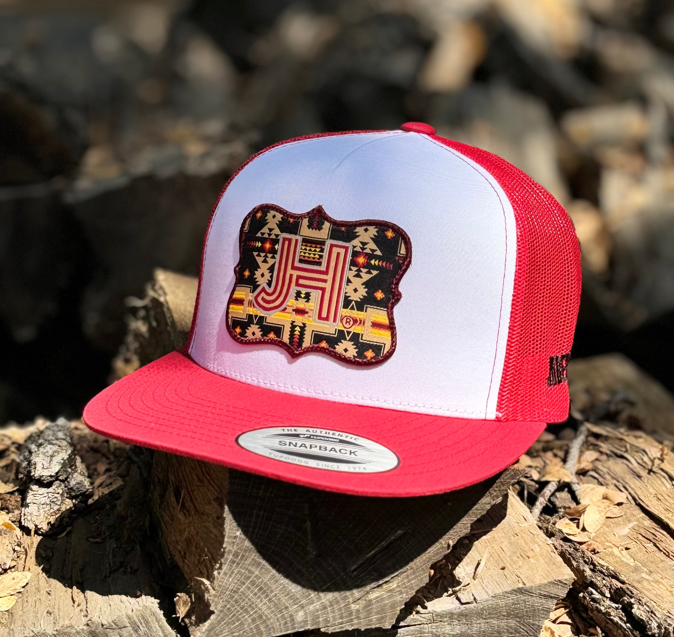 2024 Jobes Hats Trucker- White/Red Maroon Aztec Patch cap - Jobes Hats, LLC