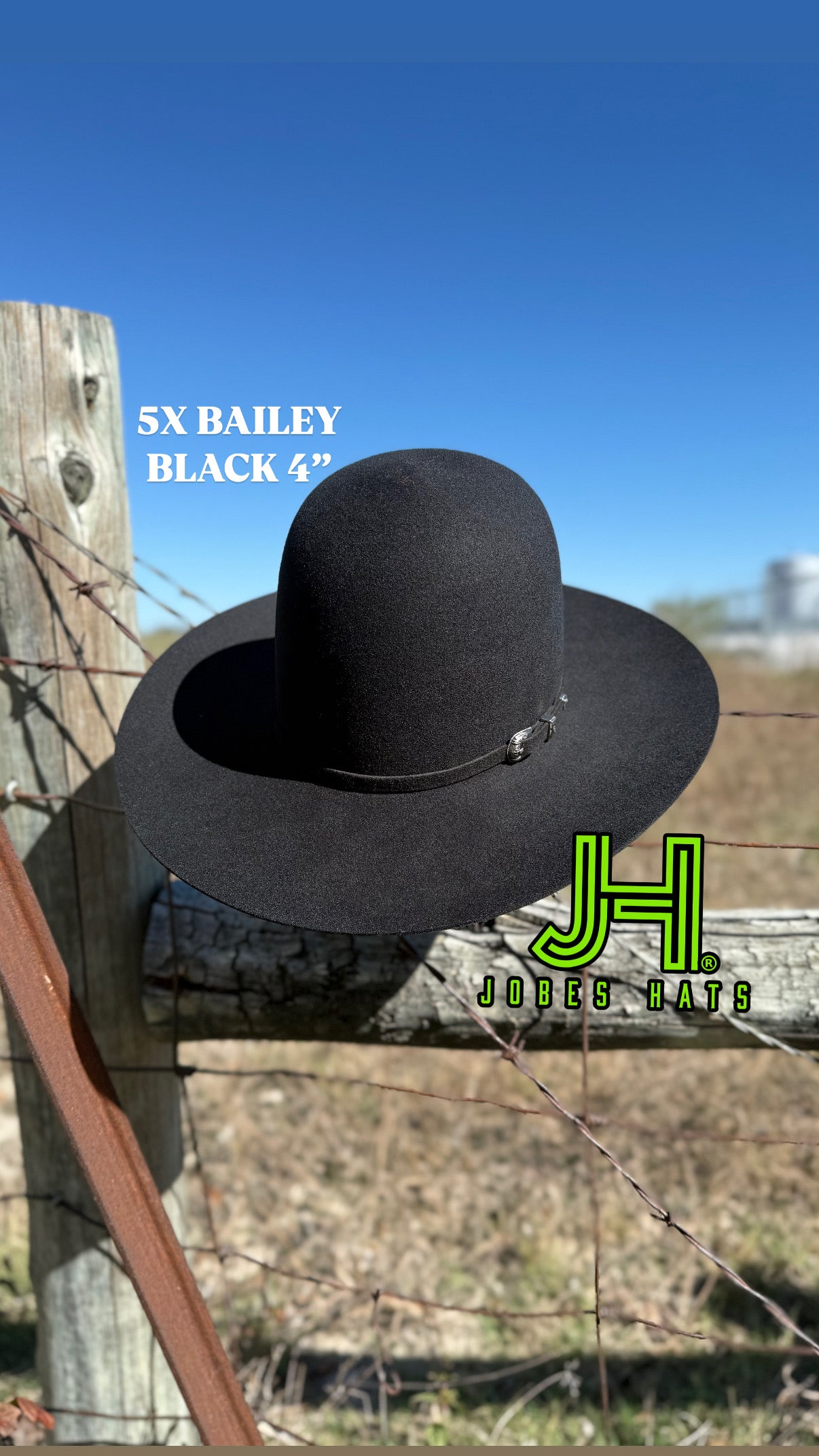 New 2025 Bailey 5X Fur Felt Black 4” Brim and 6” crown - Jobes Hats, LLC