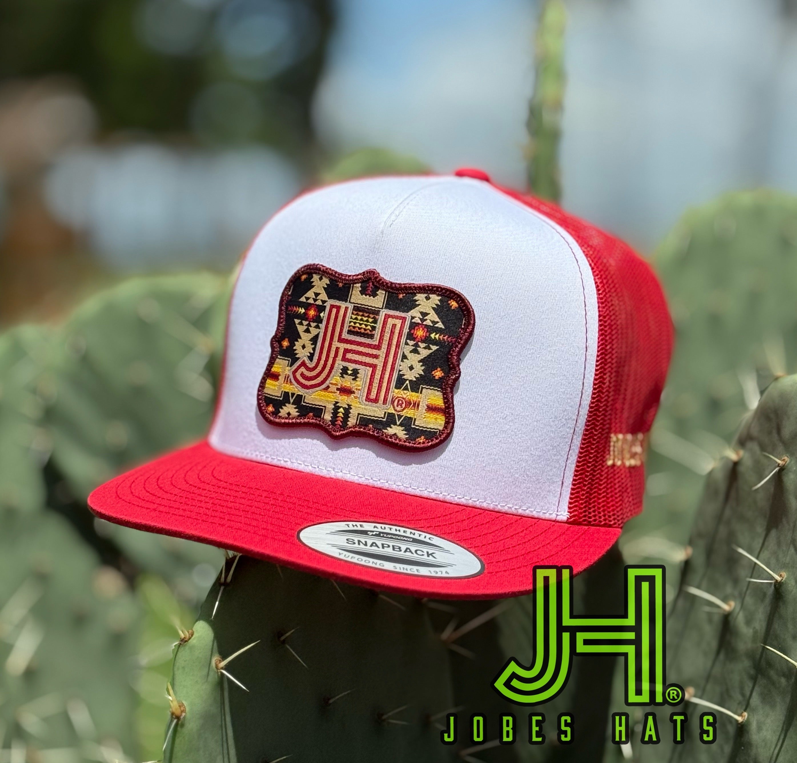 New 2025 JH Cap- White/Red maroon Aztec patch - Jobes Hats, LLC