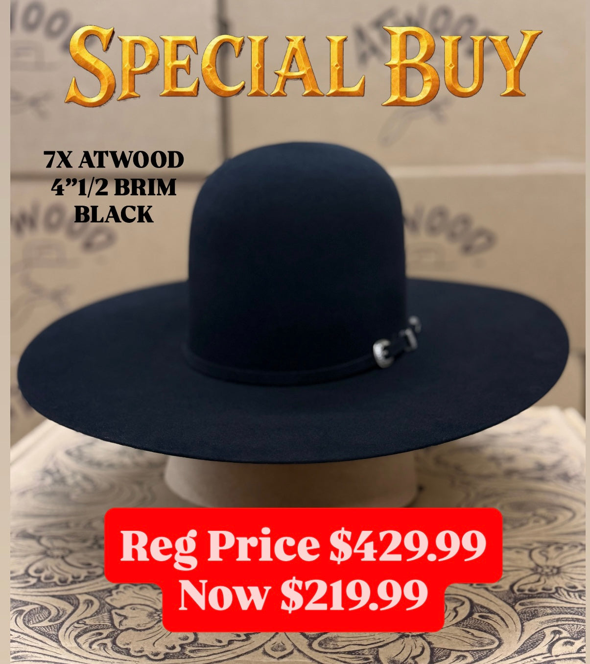 Special Buy 7X Atwood Hat Co. Black 4”1/2 Brim - Jobes Hats, LLC