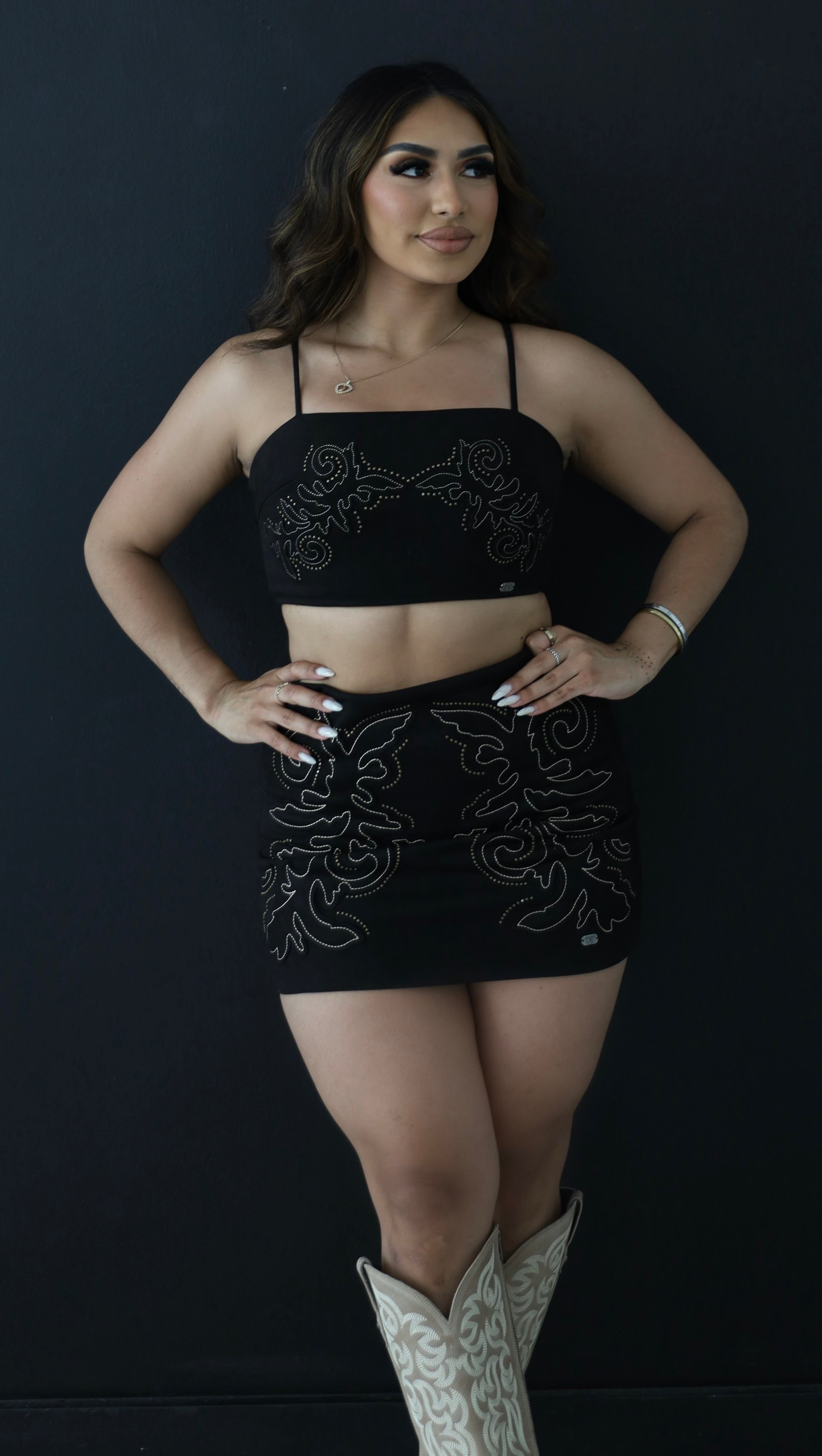 JH Womens Black Suede Embtoidered top and mini Skirt Set  #2803 - Jobes Hats, LLC