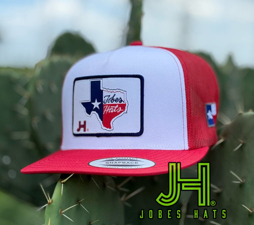 New 2025 JH Cap-White/Red TX patch - Jobes Hats, LLC