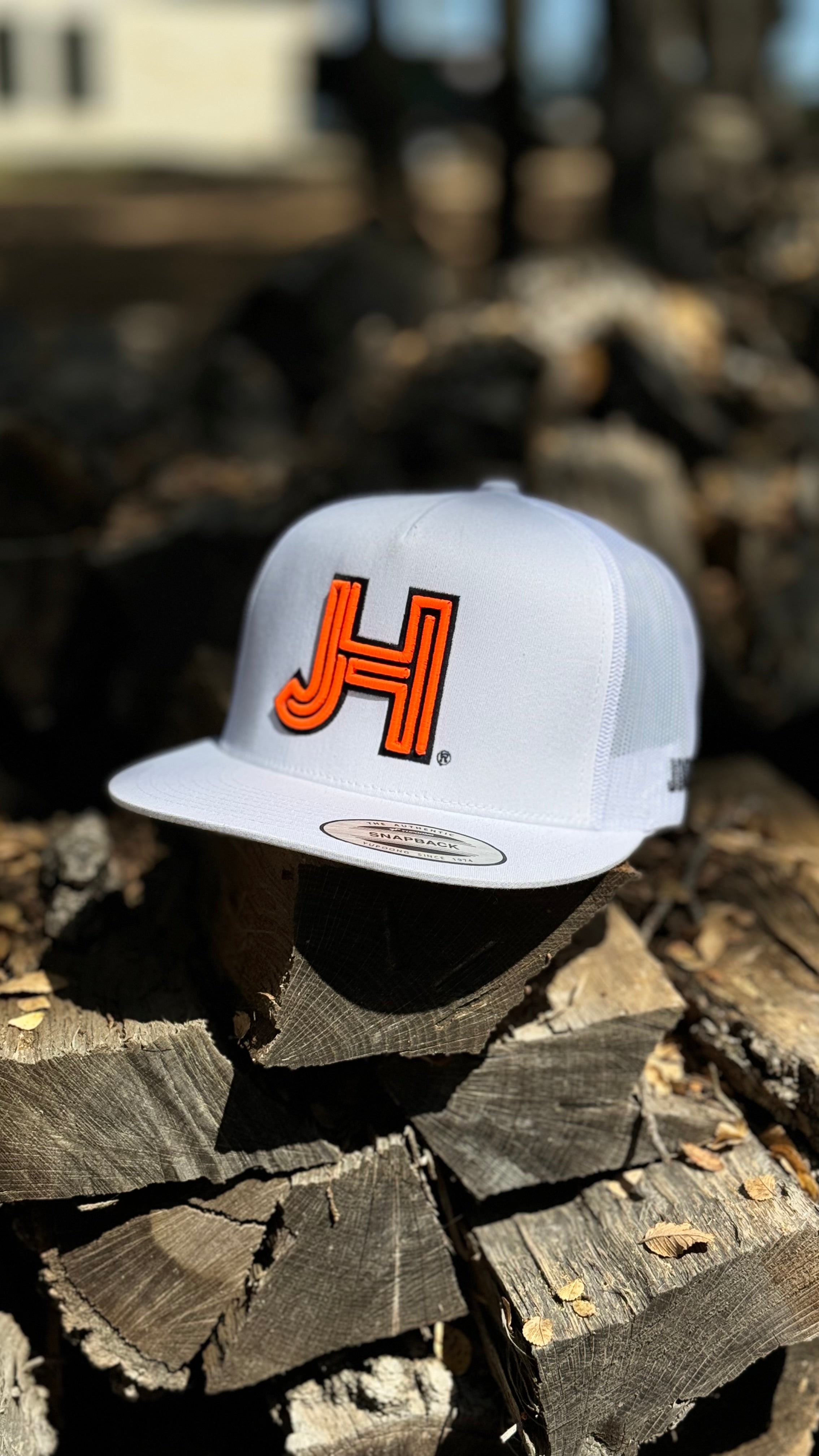 New 2024 Jobes Hats All White Trucker- Neon Orange Matte with Gold Black outline - Jobes Hats, LLC