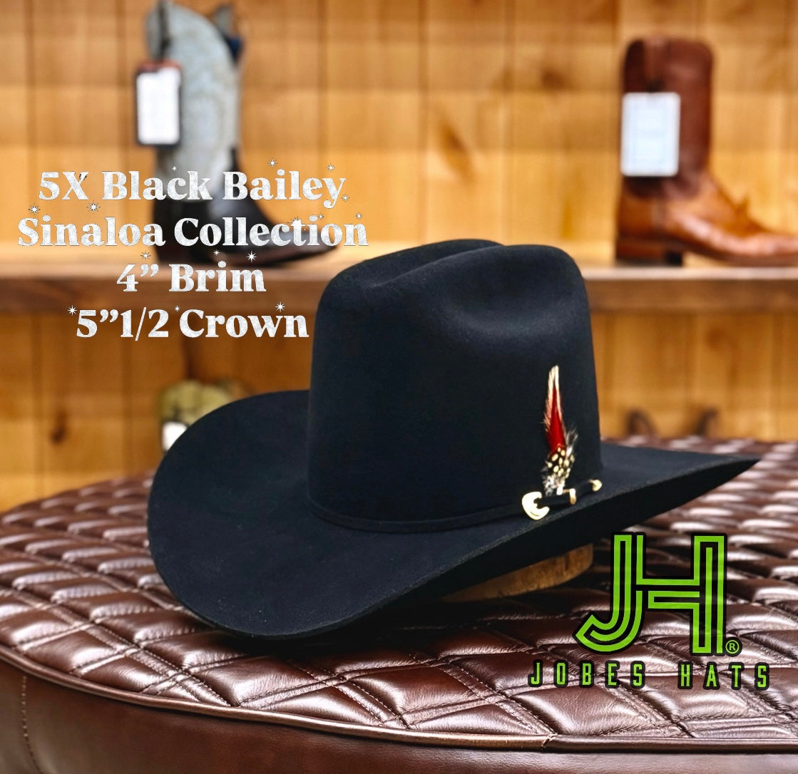 5X Black Bailey Sinaloa Collection- Tall 5”1/2 crown with a 4” Brim
