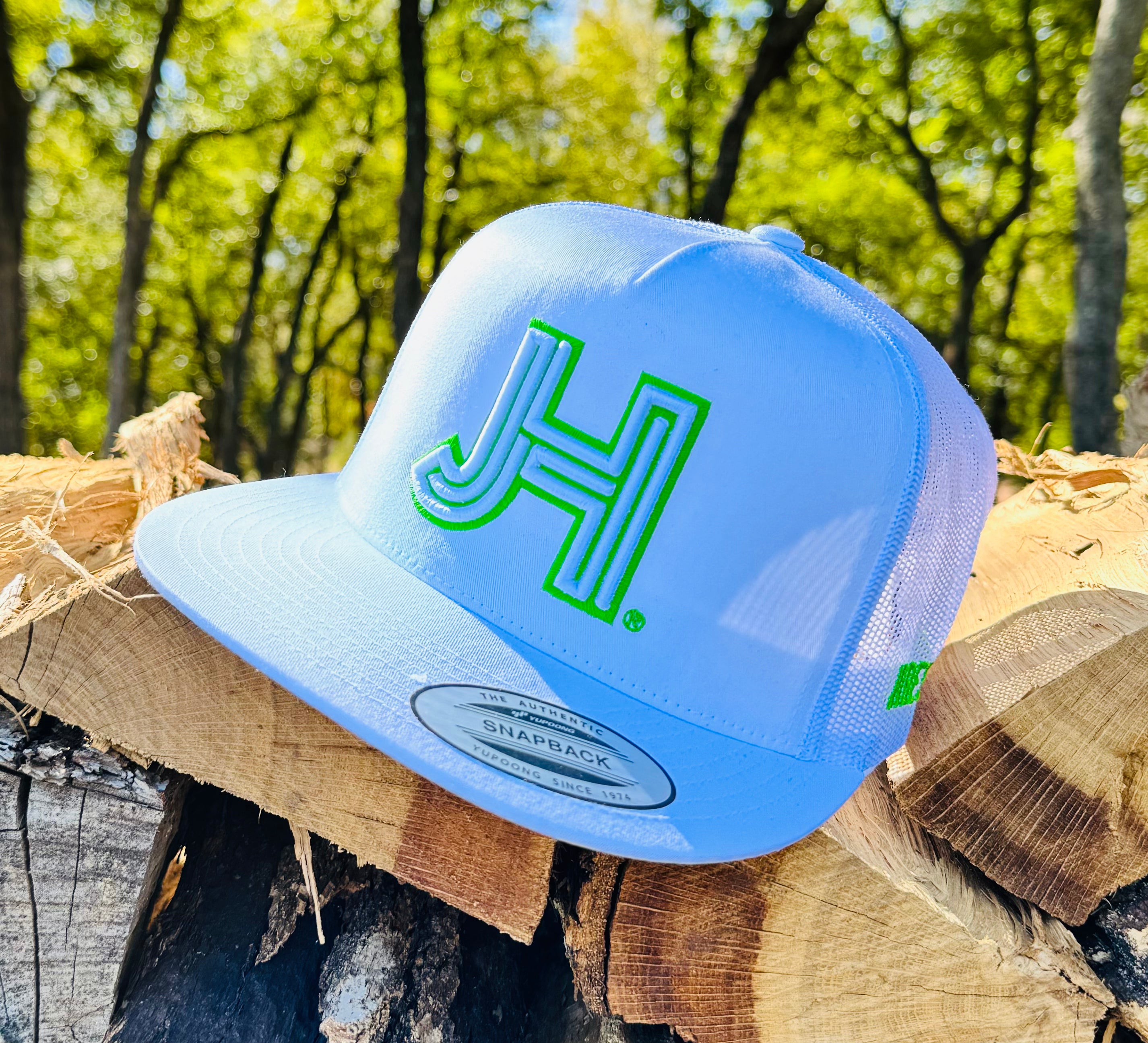 NEW Jobes Hats Trucker - All White 3D White Neon Green Outline - Jobes Hats