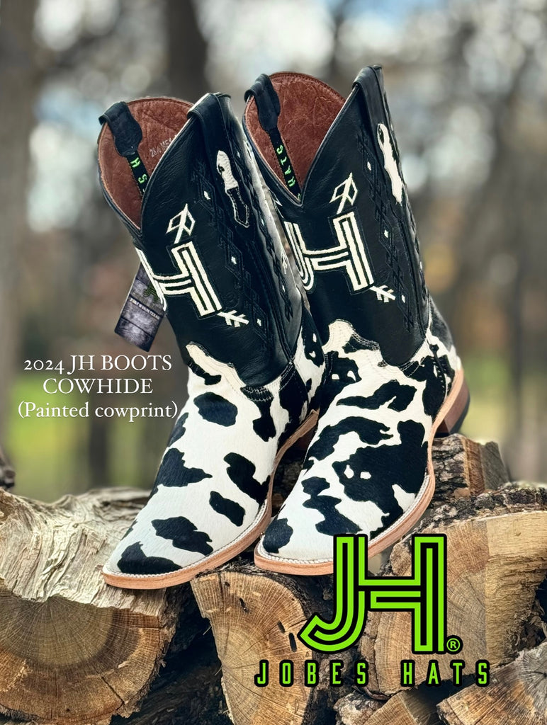 New 2024 Mens JH Cowhide (painted cowprint ) Square Toe Boots - Jobes Hats