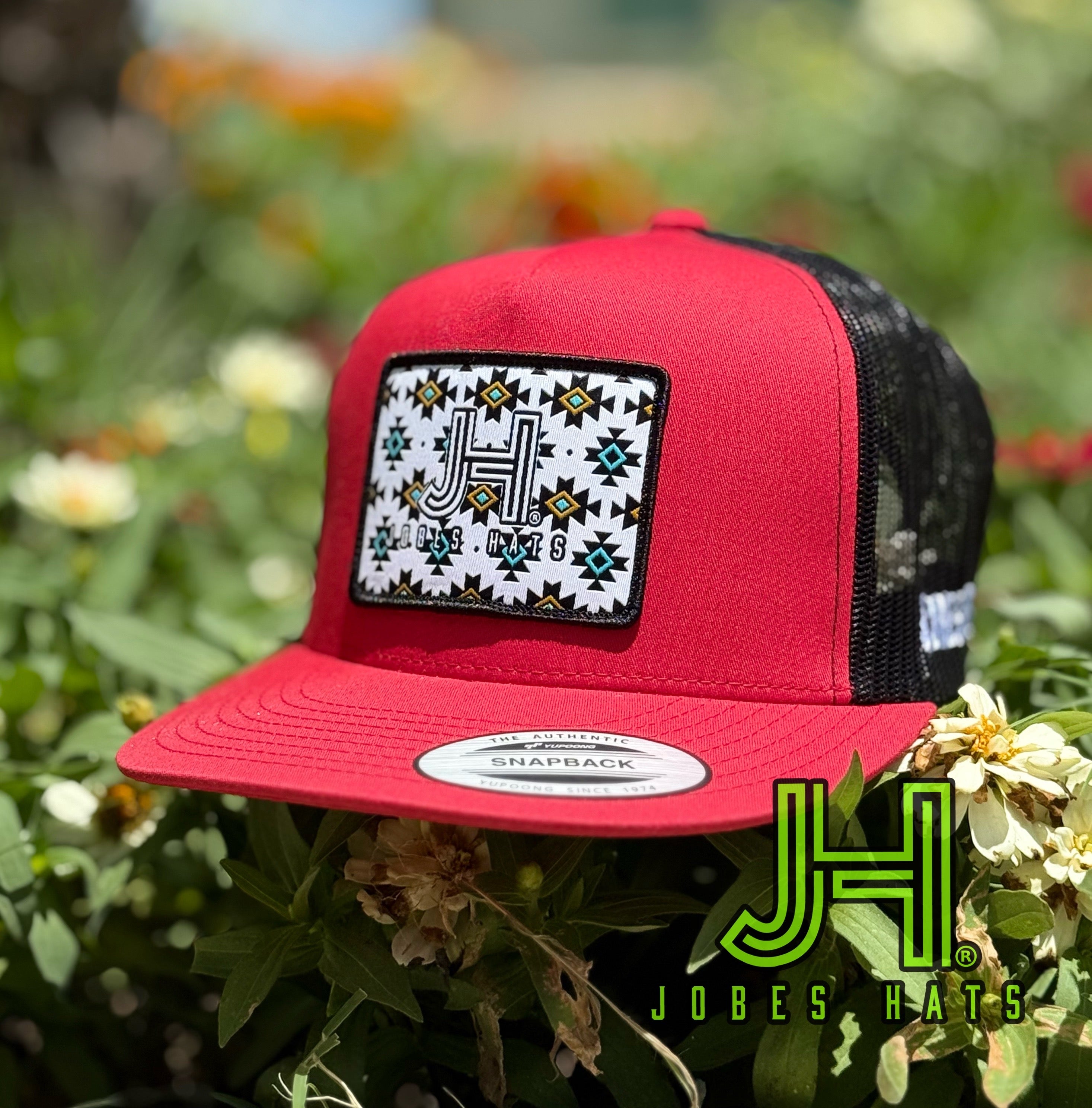New 2025 JH Cap- Red/Black Tulum Aztec path - Jobes Hats, LLC