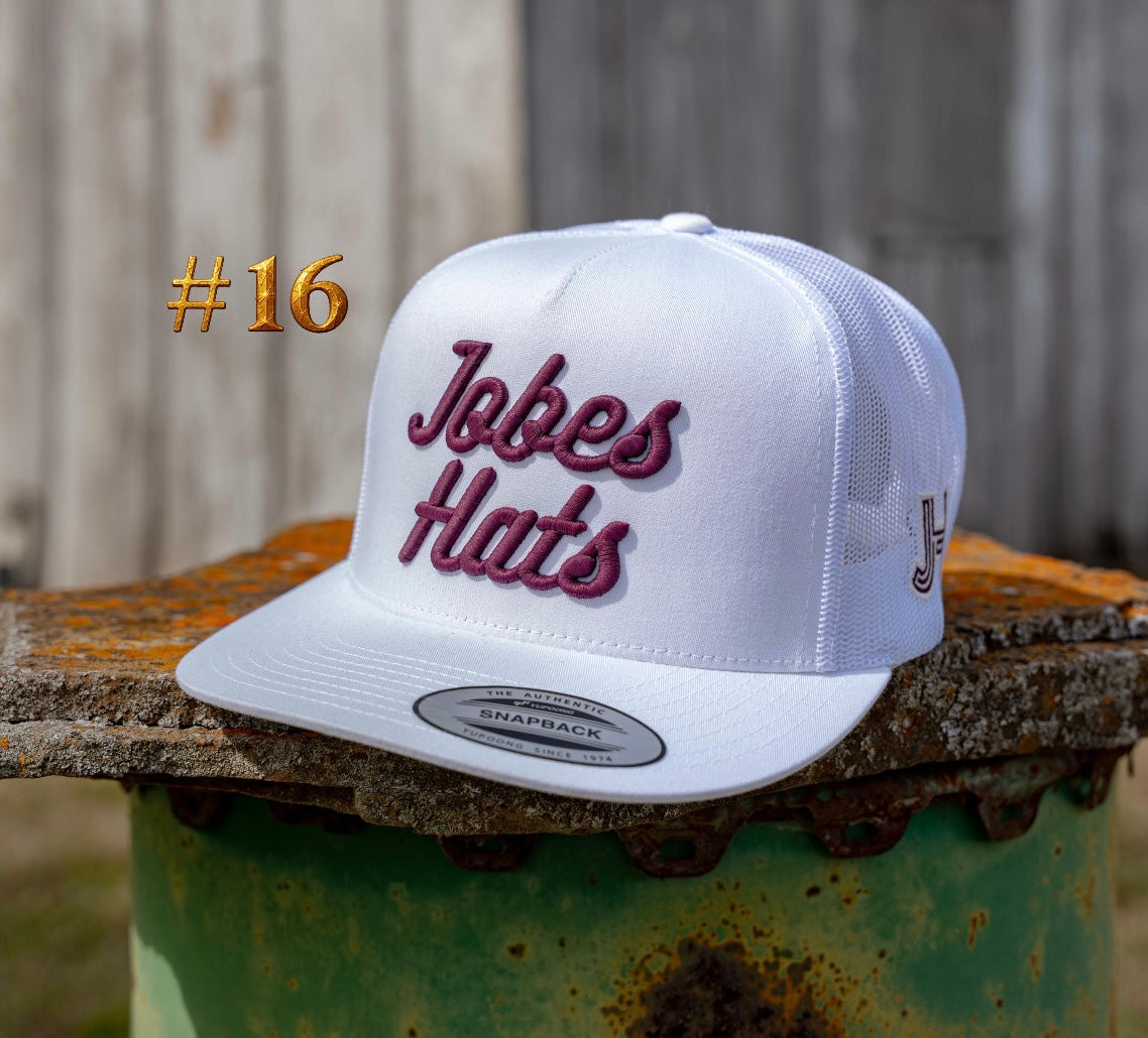 New 2026 JH Cap- “Jobes Matte” All White/Maroon #16 - Jobes Hats, LLC
