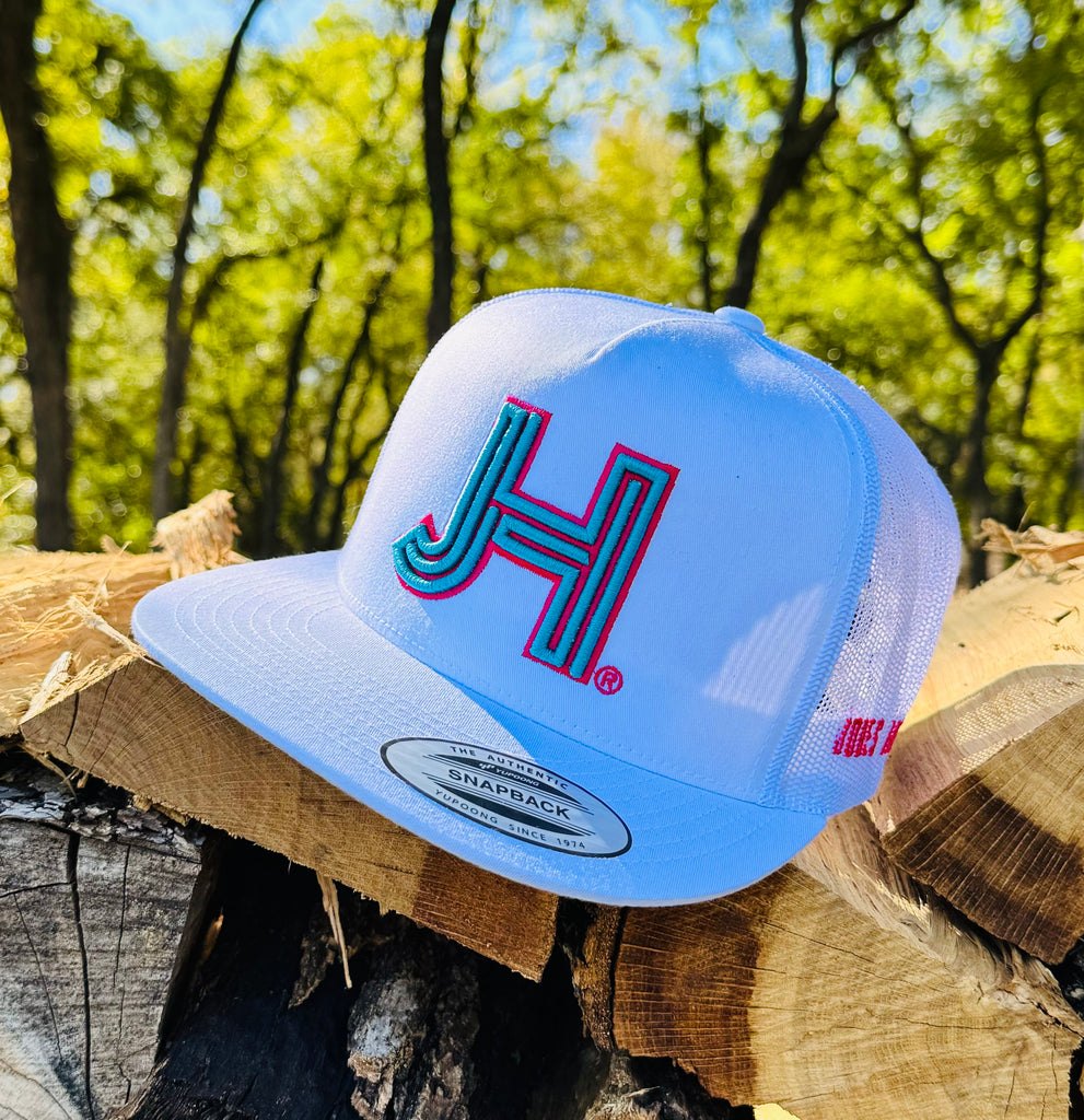 NEW Jobes Hats Trucker - All White 3D Baby Blue / Hot Pink Outline - Jobes Hats