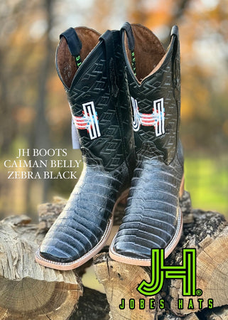 New 2024 Mens JH Caiman Belly “Black Zebra” Square Toe Boots - Jobes Hats