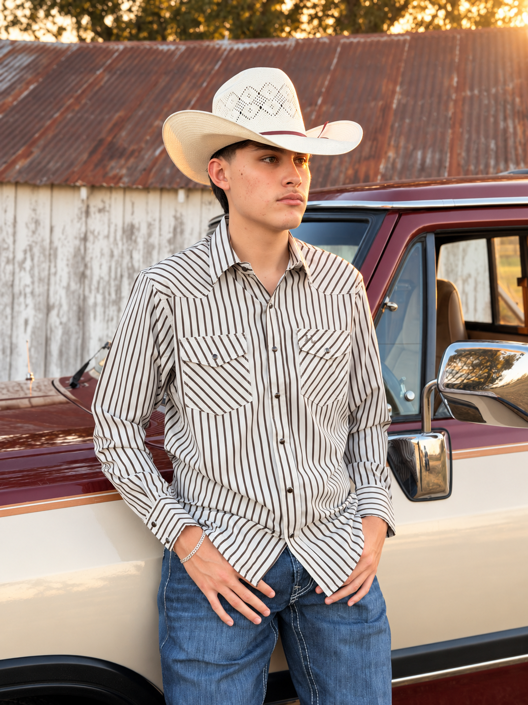 New JH Shirt Retro Collection (Light Weight) Cream/Brown stripes JH-298MF