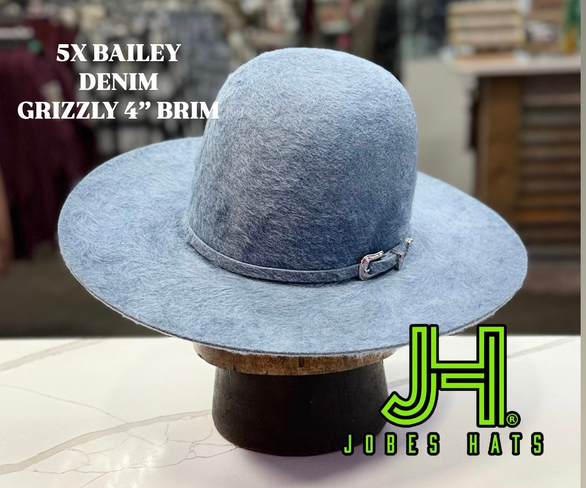 New 2025 Bailey 5X Fur Felt Denim Grizzly 4” Brim and 6” crown - Jobes Hats, LLC