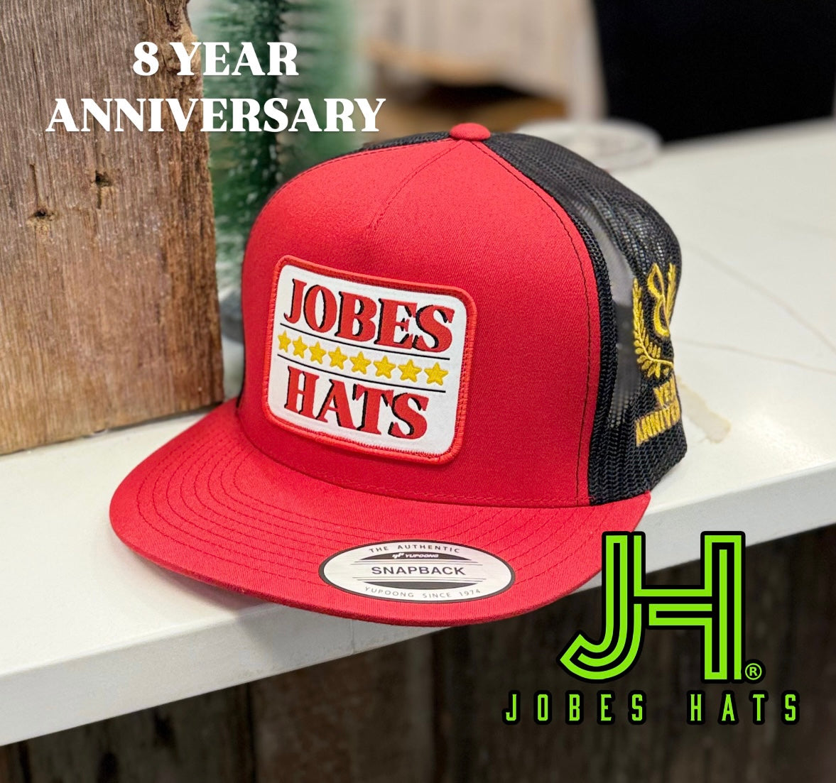 8 Year Anniversary JH cap - Red/Black white patch - Jobes Hats, LLC