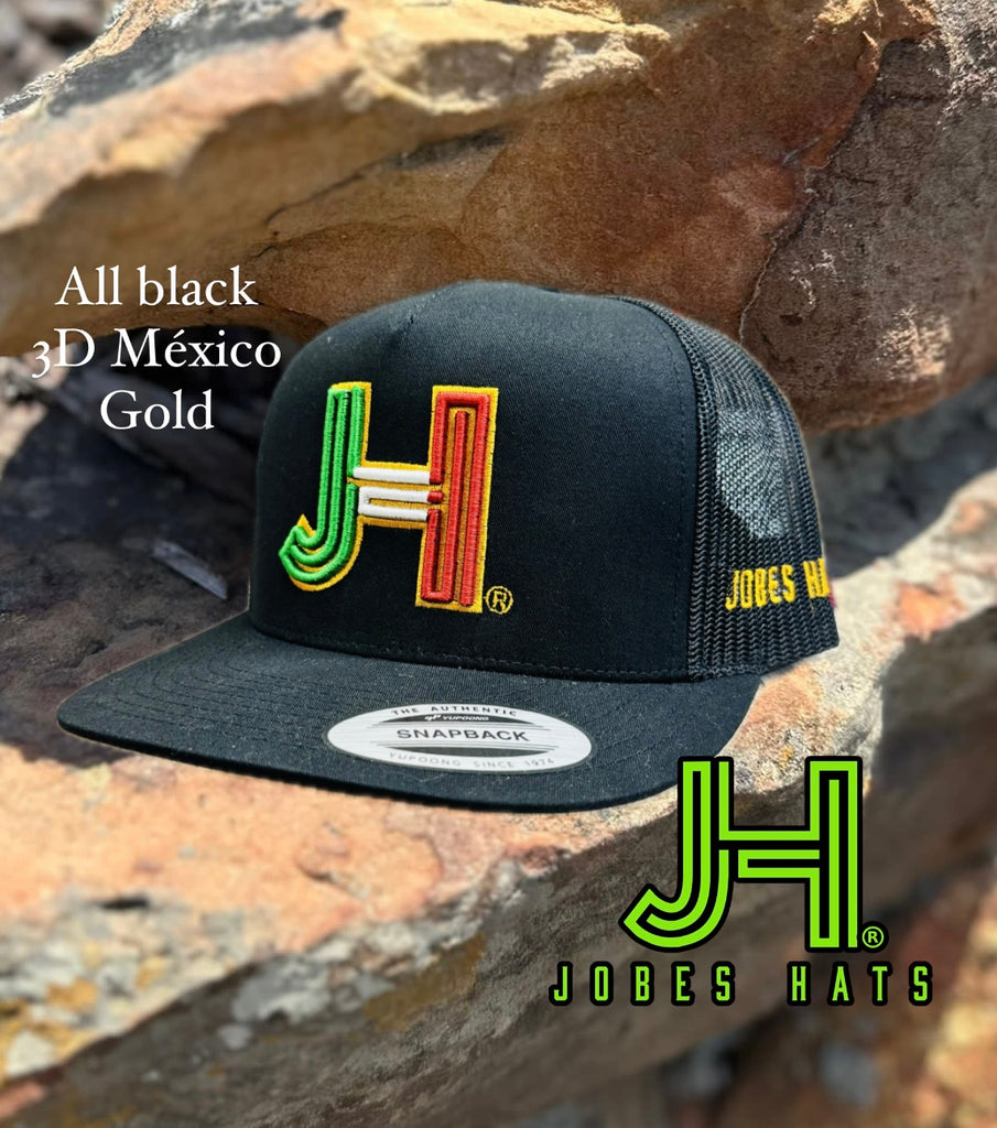 Jobes Hats All black Trucker- 3D MEXICO GOLD OUTLINE (LIMITED) - Jobes Hats, LLC
