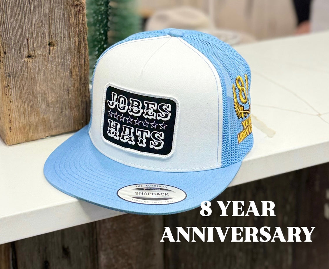 8 Year Anniversary JH cap - White/Baby Blue black patch - Jobes Hats, LLC