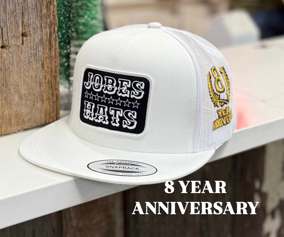8 Year Anniversary JH cap - All White with black patch - Jobes Hats, LLC
