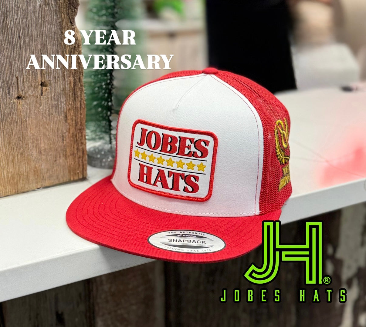 8 Year Anniversary JH cap - White/Red white patch - Jobes Hats, LLC