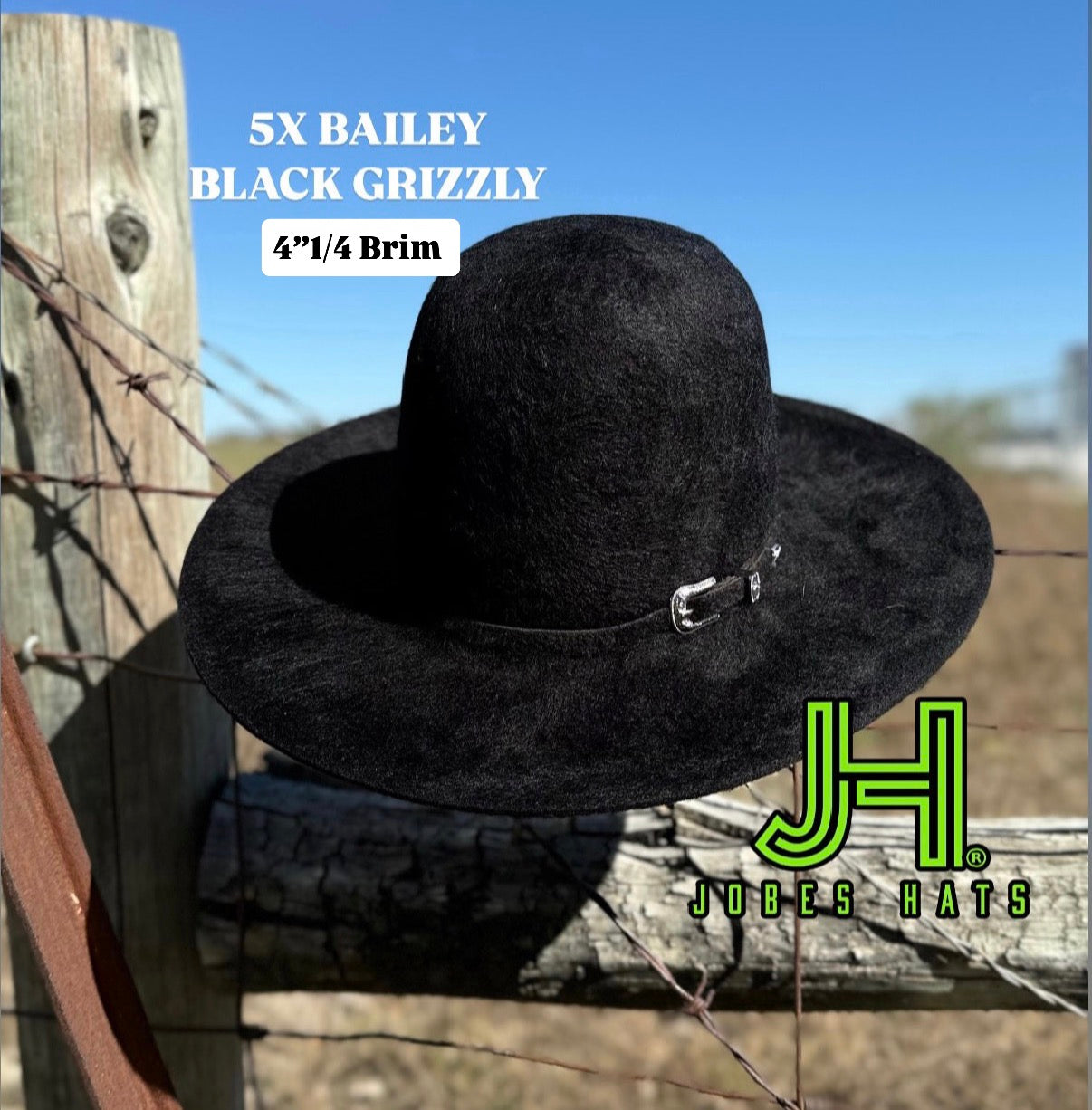 New 2025 Bailey 5X Fur Felt Black Grizzly 4” 1/4 Brim and 6” crown - Jobes Hats, LLC
